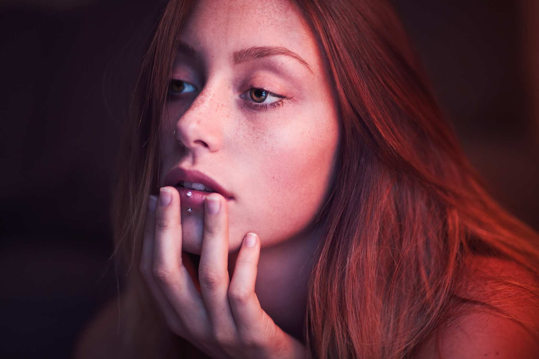 Women Ruby James Redhead Brown Eyes Freckles Face Finger On Lips Pierced Lip Looking Away 1800x1200