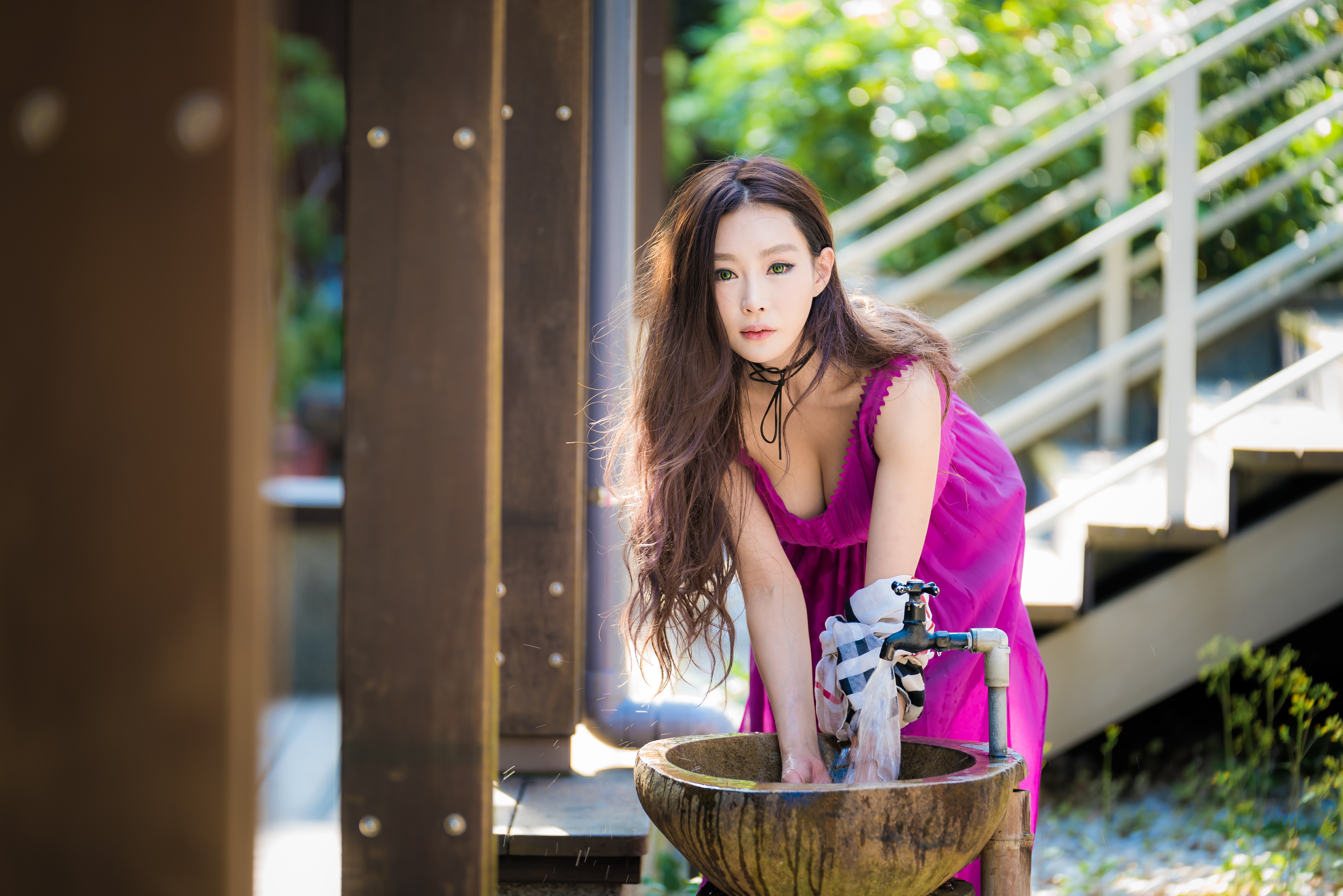Asian Model Long Hair Depth Of Field Brunette Stairs Fountain Green Eyes Looking At Viewer Washing P 4500x3002