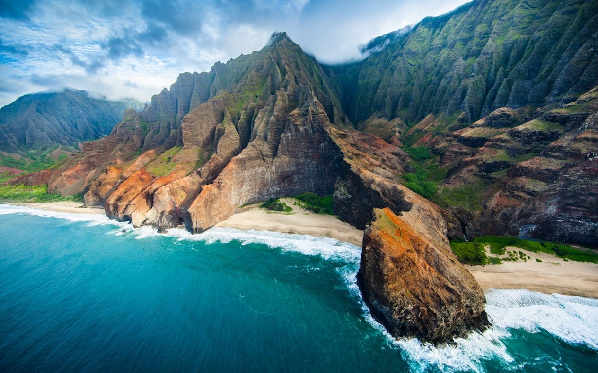 Nature Landscape Aerial View Coast Beach Cliff Sea Mountains Clouds Rock Kauai Island Sand 1230x768