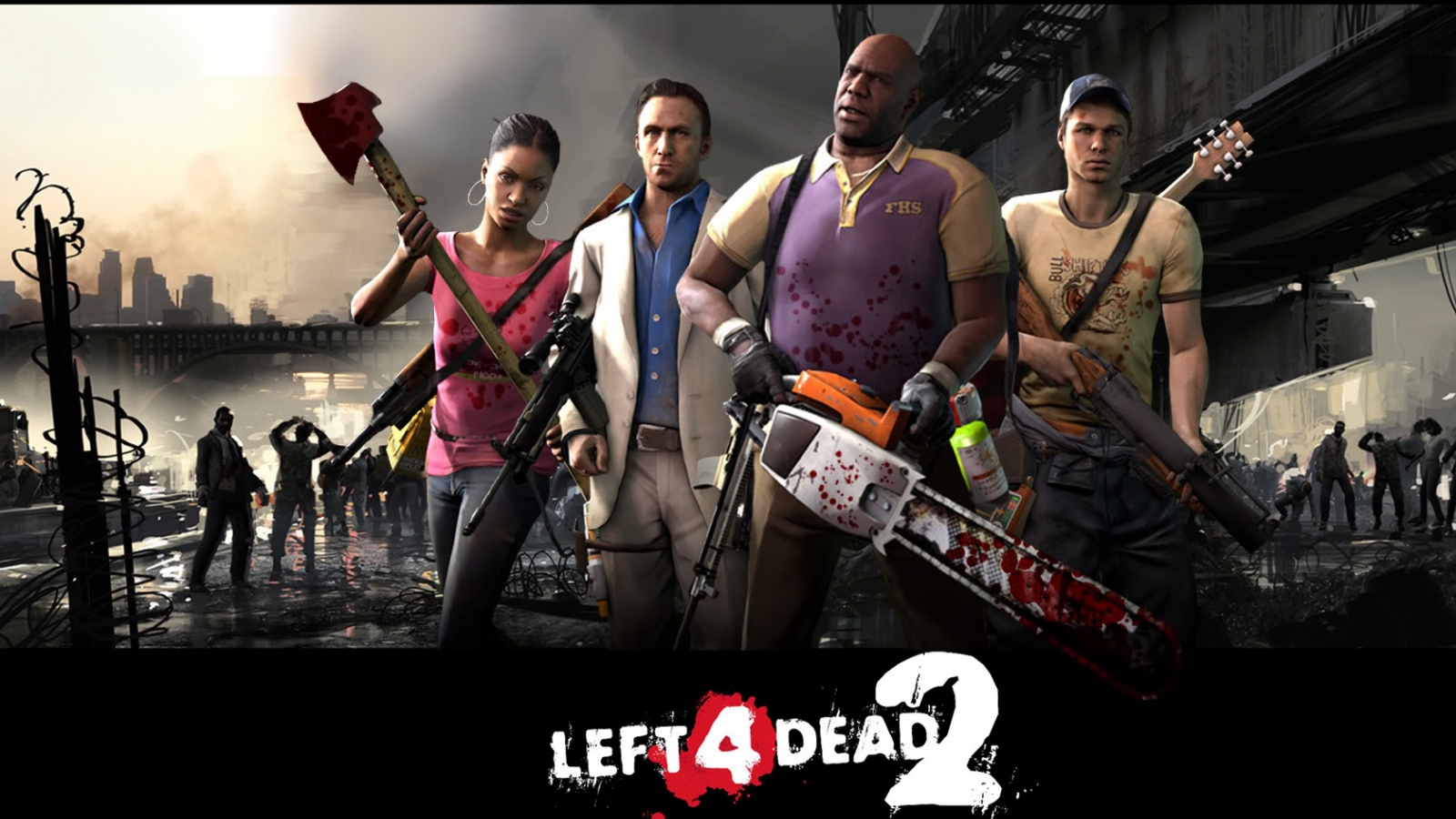 Left 4 Dead Left 4 Dead 2 Chainsaws Axes Guitar Gun Zombies Bridge Cityscape 1600x900