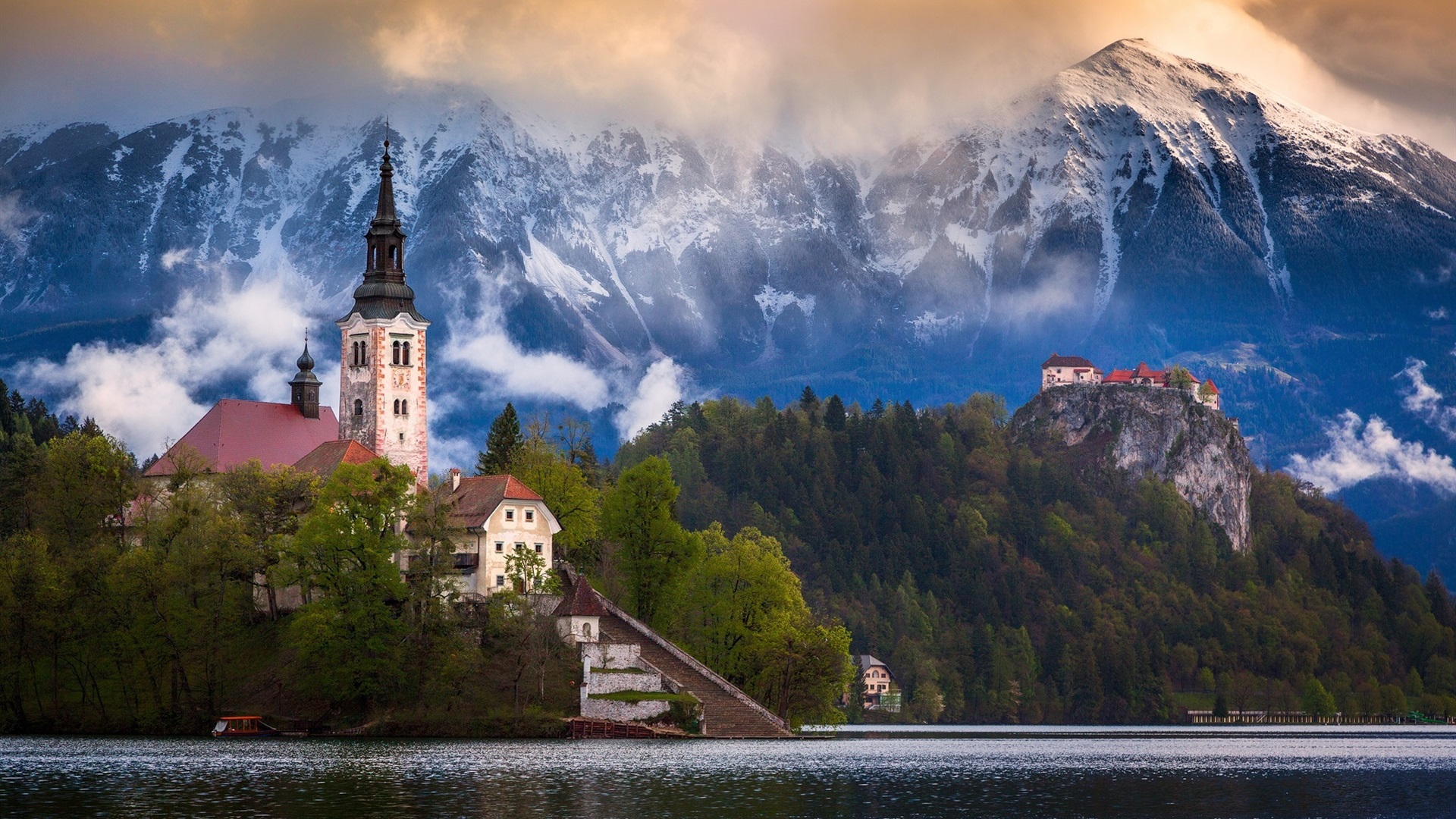 Landscape Mountains Clouds Water Trees Snow Building Lake Bled Slovenia 1920x1080