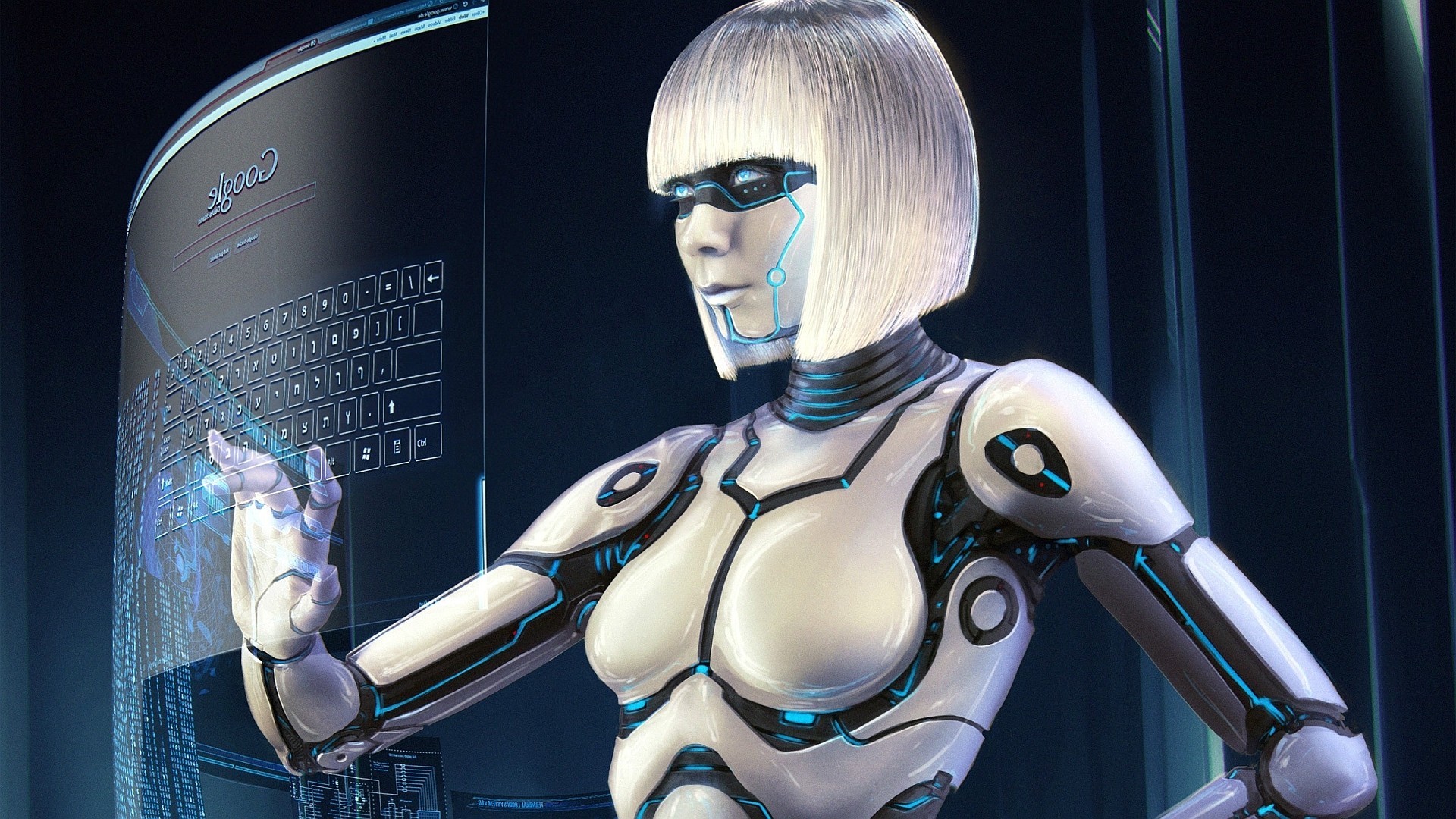 Robot Gynoid Digital Art Machine CGi Render Futuristic Google Numbers Keyboards Cyan 1920x1080