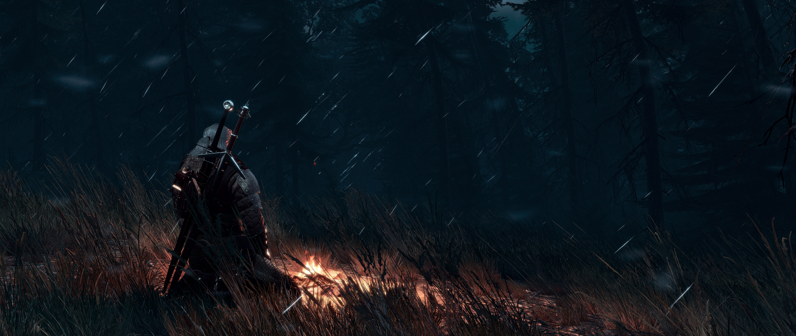 The Witcher 3 Wild Hunt Fire Bonfire Meditation Night Geralt Of Rivia 2560x1080