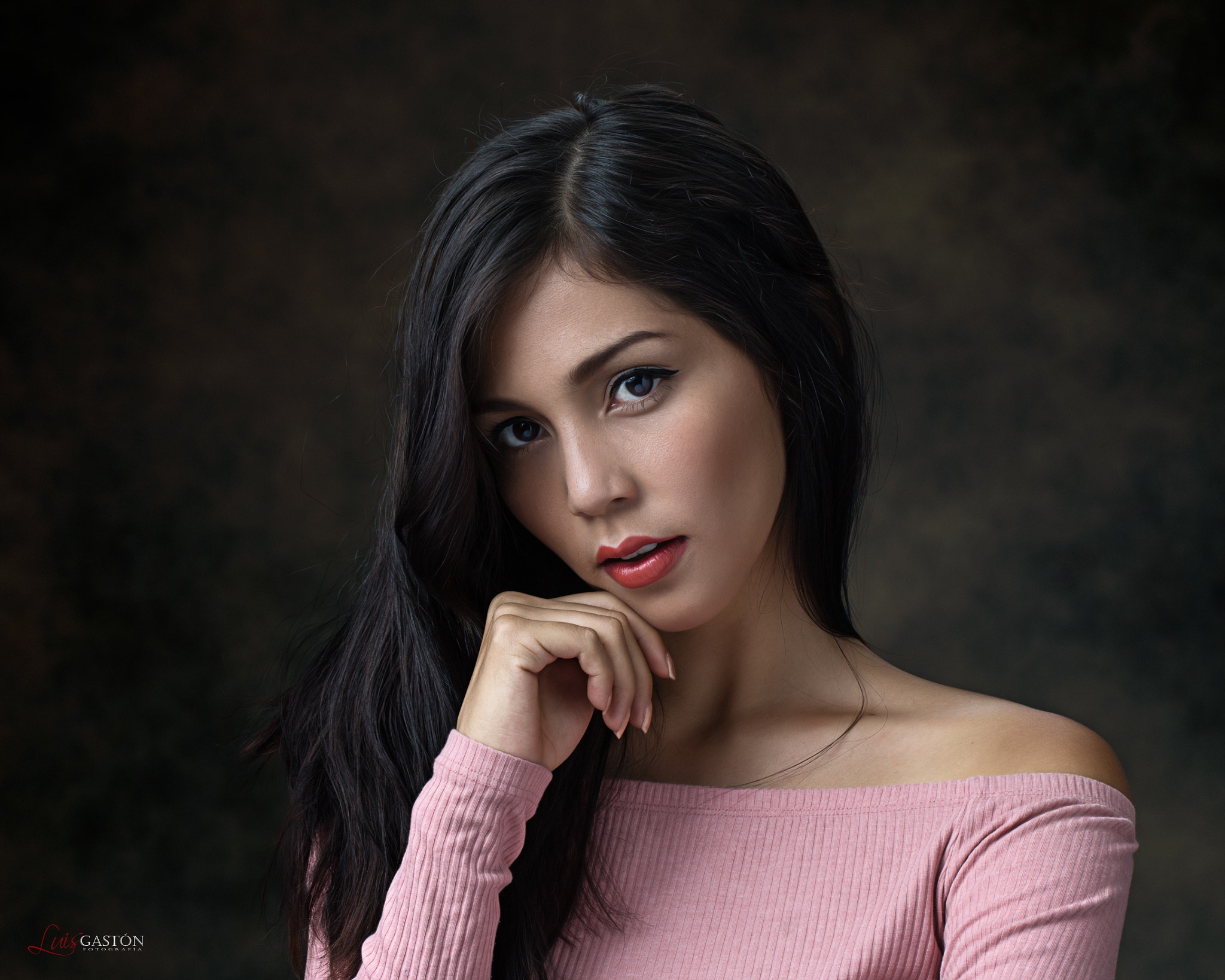 Women Simple Background Portrait Face Luis Gaston Pink Sweater Touching Face Black Hair Pink Nails D 2048x1638