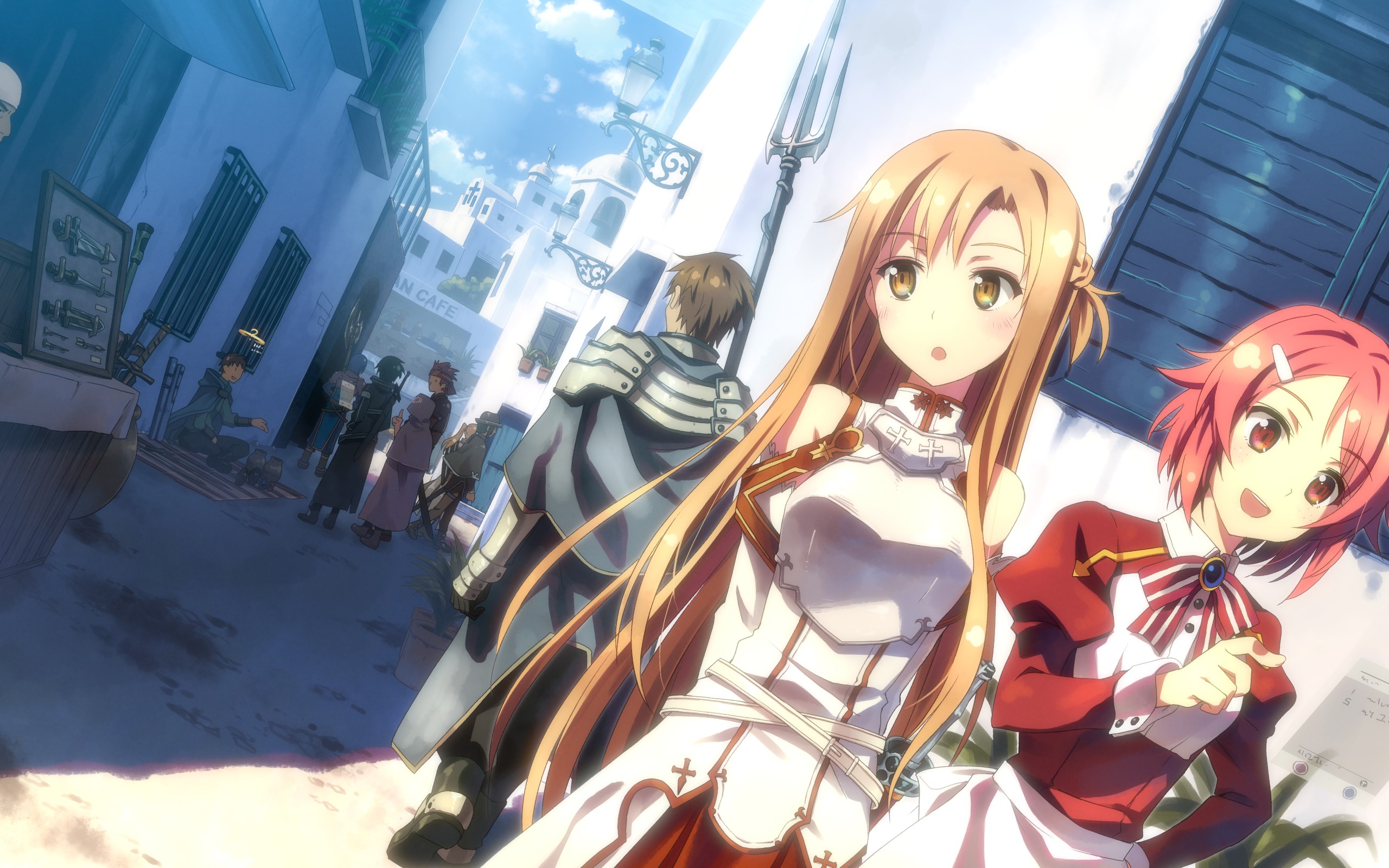 Sword Art Online Anime Yuuki Asuna Kirigaya Kazuto Alicia Rue Black Eyes Orange Eyes Pink Hair Tsubo 2560x1600