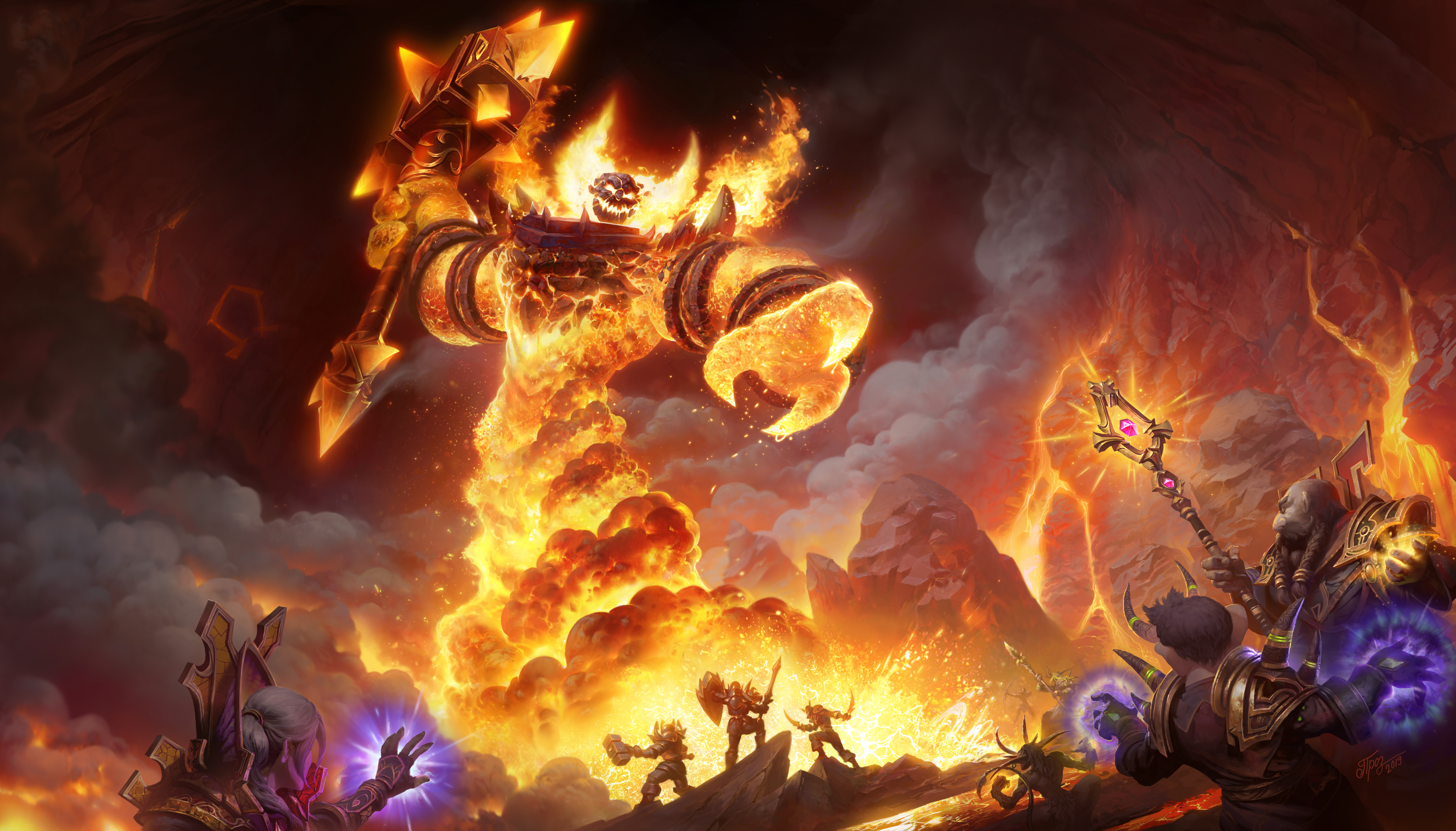 Warcraft World Of Warcraft Ragnaros Magician Weapon Video Games Video Game Art 6345x3623