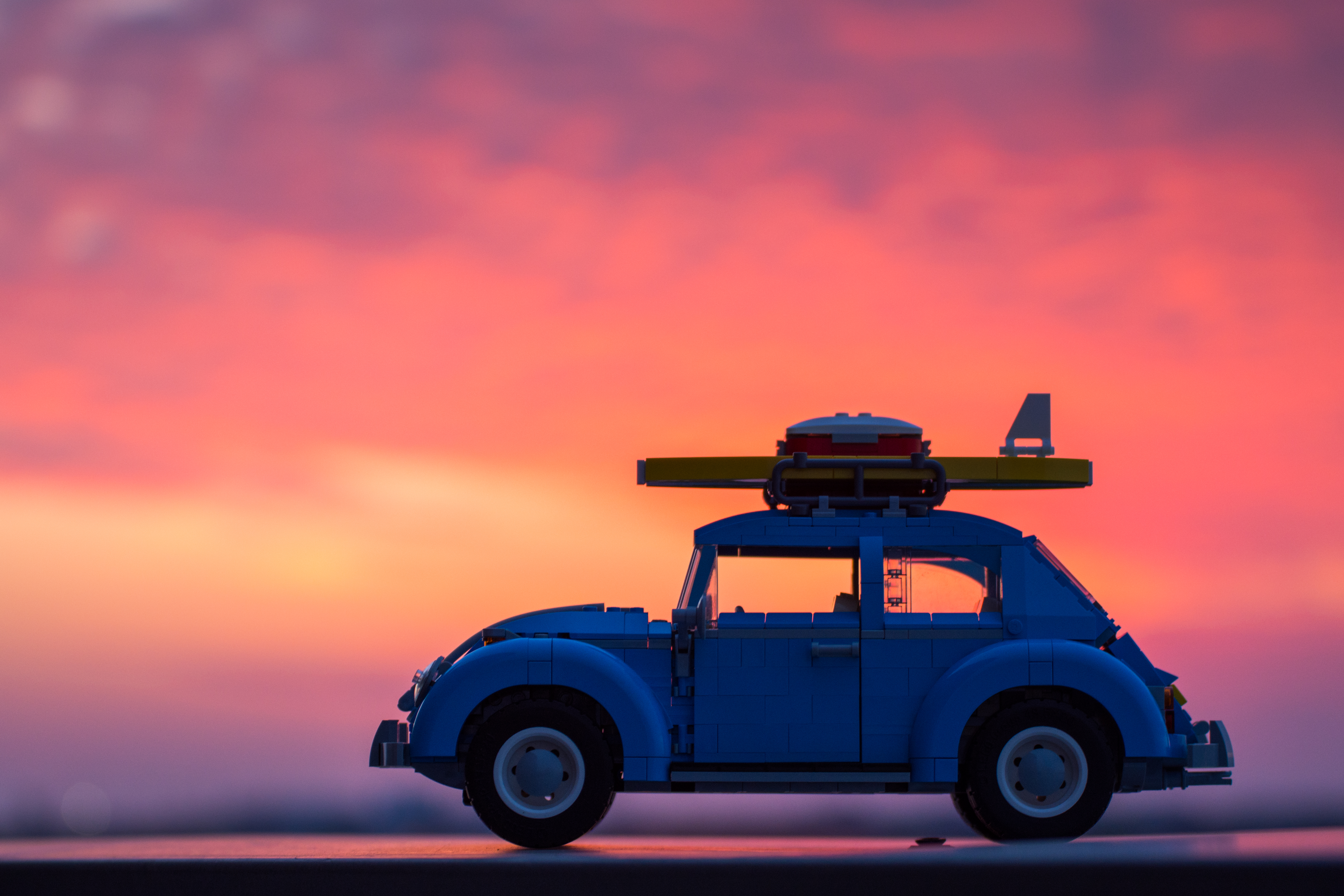 Car LEGO Volkswagen Beetle Sunset Toys Surfboards Miniatures Depth Of Field 5956x3971