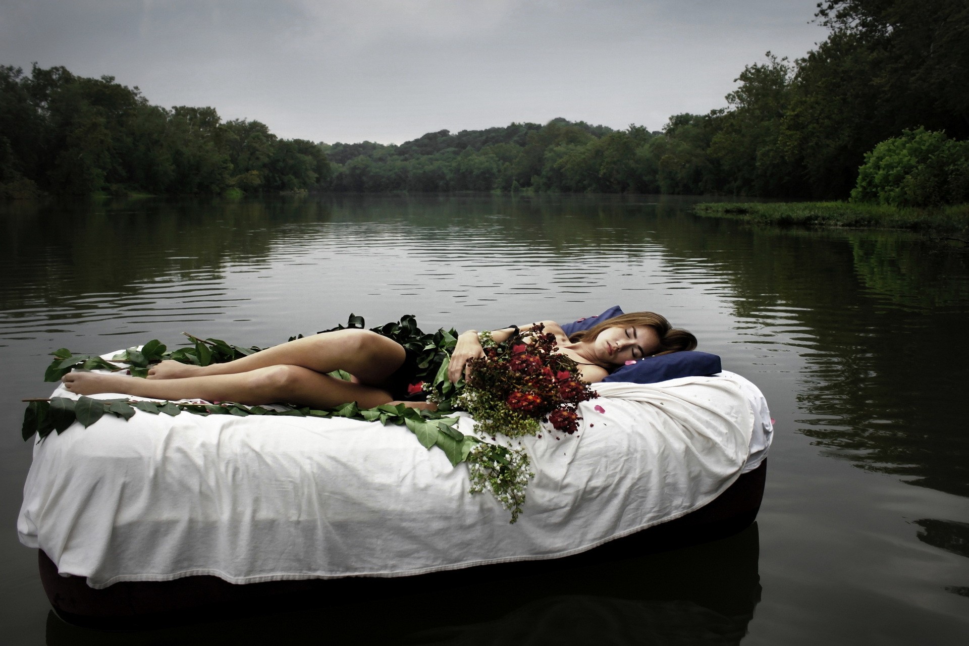 Women Outdoors Women Model Bouquets Bed River Sleeping Barefoot Trees Lying Down Floating 1920x1280