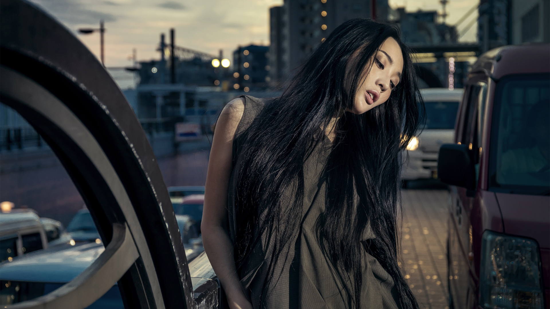 Women Asian Photography Model Black Hair Long Hair Artificial Lights Urban Looking Away Grey Dress B 1920x1080