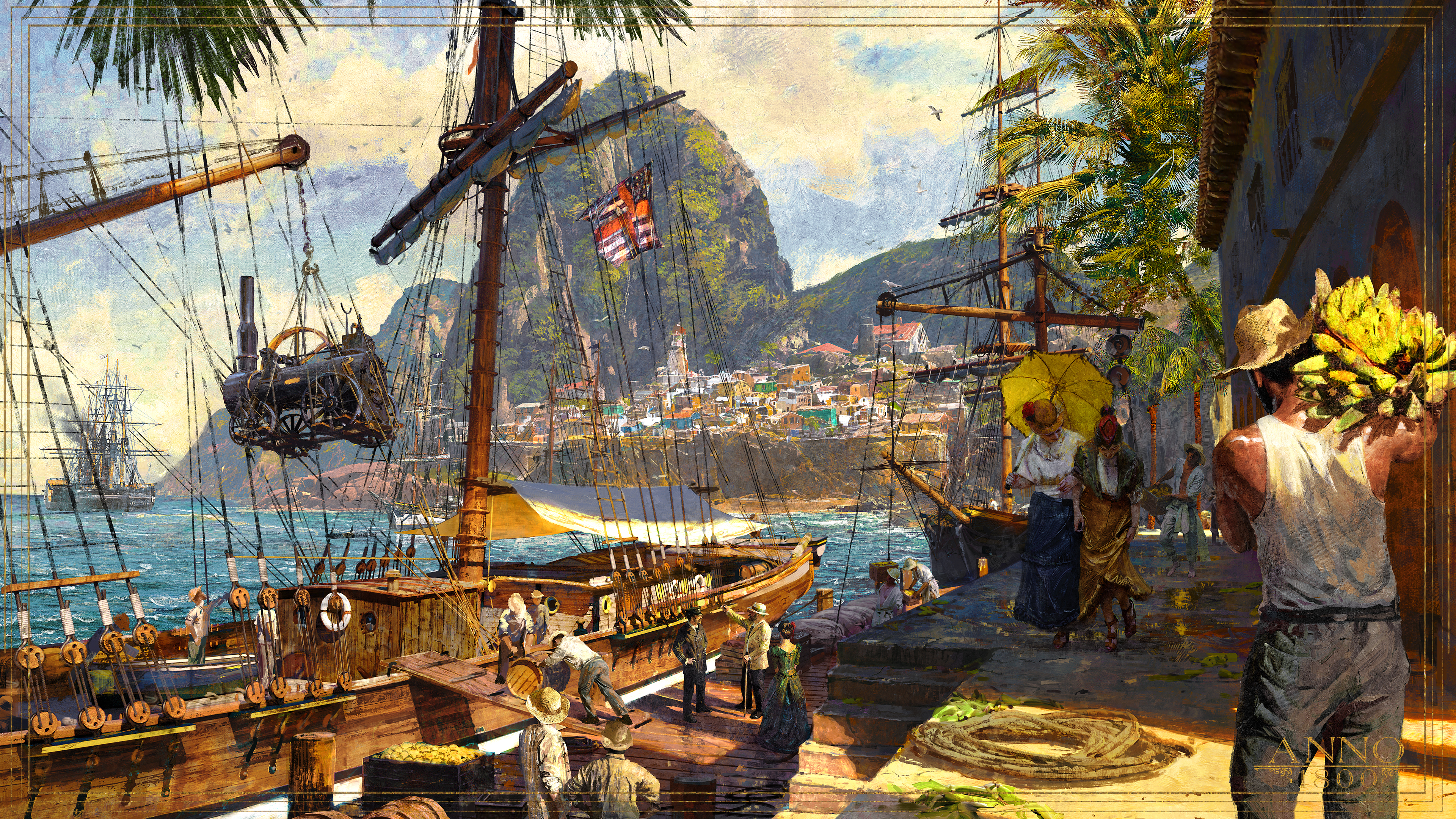 Anno 1800 1800s Digital Art Concept Art Ship Harbor South America Sailing Ship Pier Caribbean Banana 3840x2160