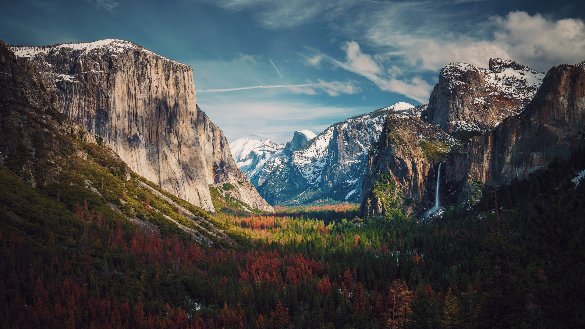 Nature Landscape Sky Clouds Mountains Trees Fall Forest Snowy Mountain Waterfall Yosemite Valley Yos 1920x1080