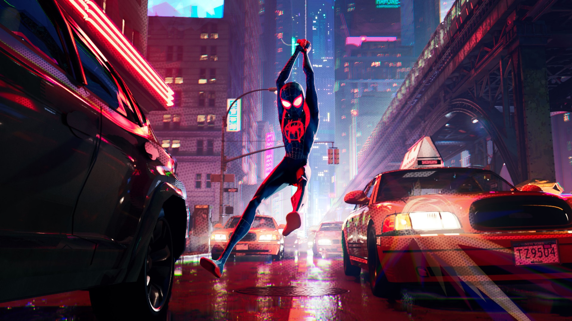 Spider Man Spider Man Into The Spider Verse Marvel Comics Superhero Car Taxi City Urban Movies Anima 1920x1080