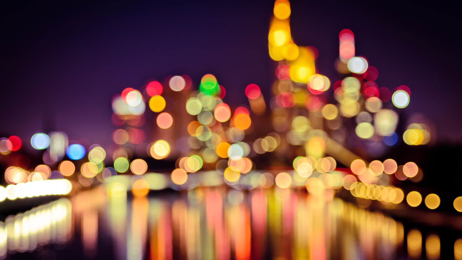 Night Bokeh Frankfurt Germany Cityscape Building Blurred Reflection Water Colorful Circle 1920x1080