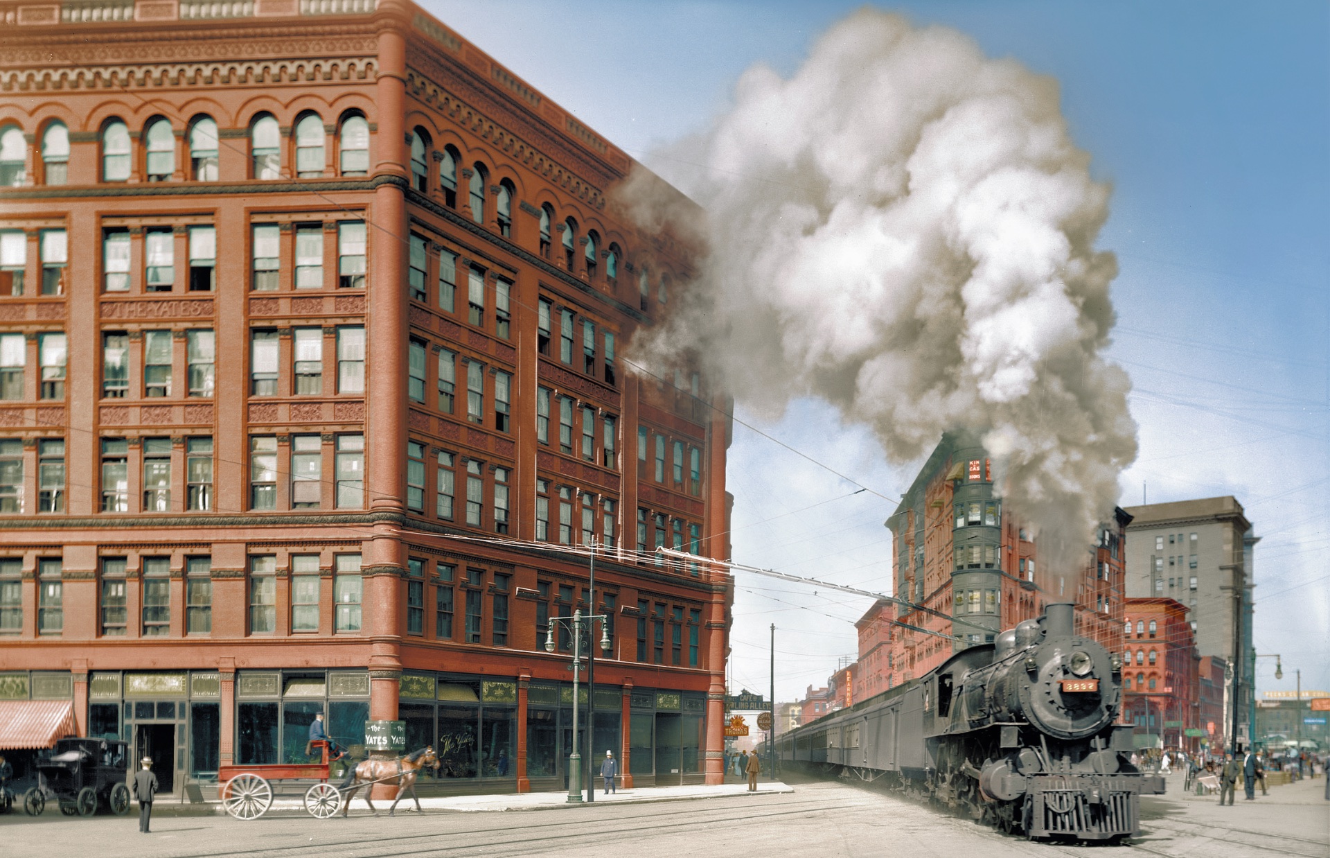 Steam Locomotive Train Smoke Colorized Photos Old Photos Building Vintage New York City USA Hotel St 1920x1238