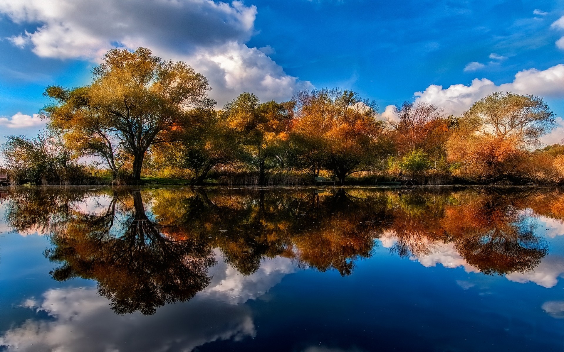 Nature Landscape Lake Trees Reflection Shrubs Clouds Water Fall Blue Calm Calm Waters 1920x1200
