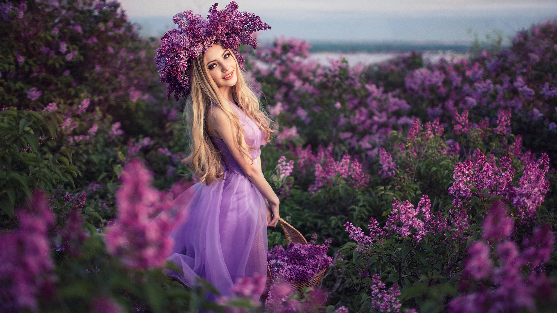 Flowers Purple Dresses Blonde Plants Nature Colorful Long Hair Women Outdoors Sergey Shatskov 1920x1080