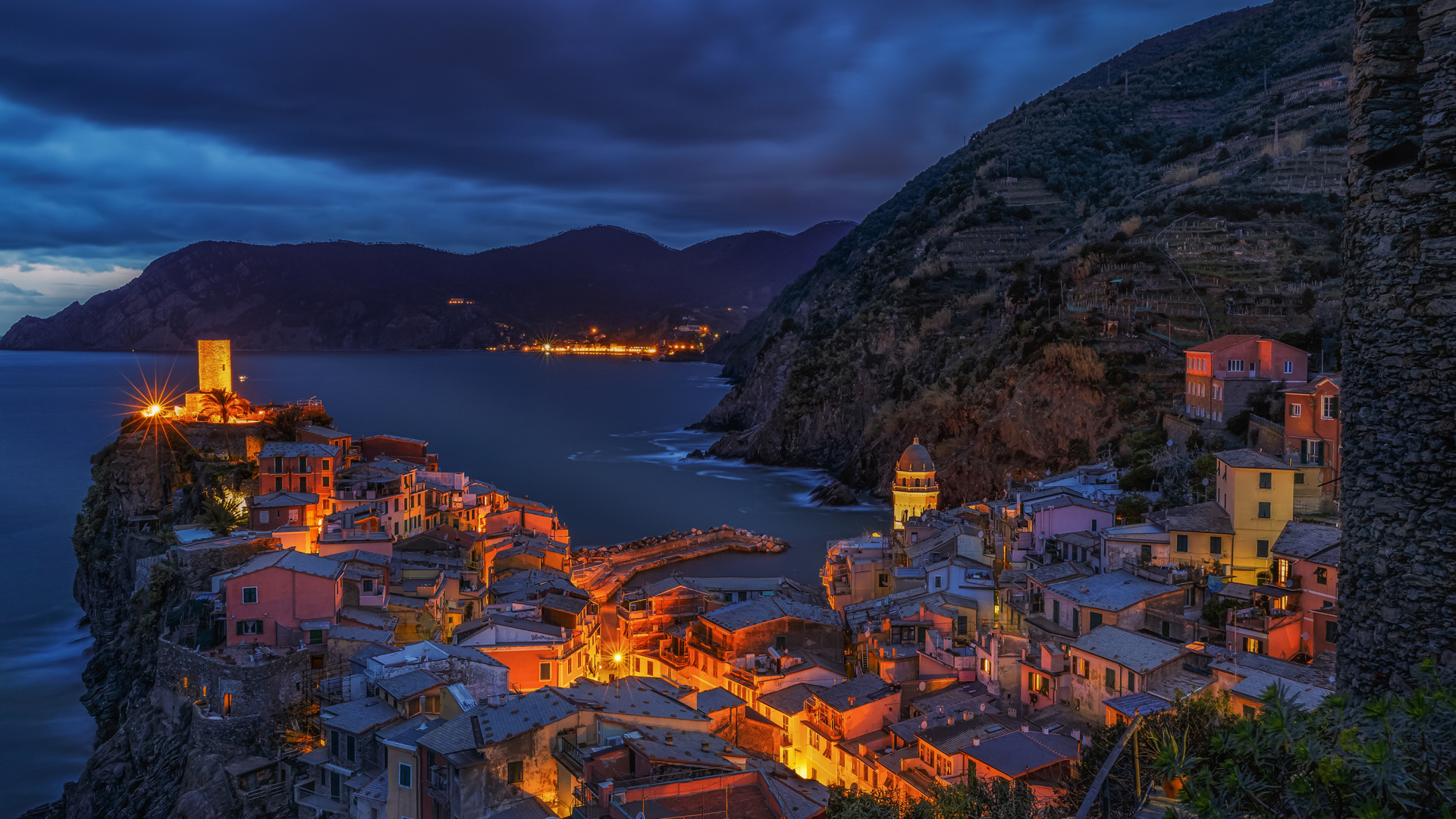 Architecture Building Old Building Vernazza Italy Village Cliff Mountains Sea Clouds Evening Lights  1920x1080