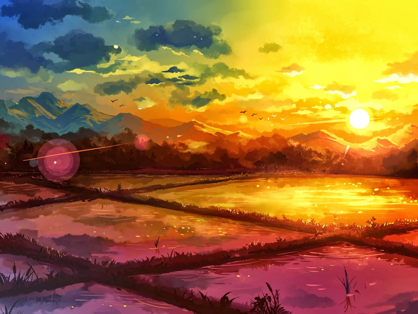 Fantasy Art Drawing Rice Paddy Sunrise Nature Landscape 1600x1200