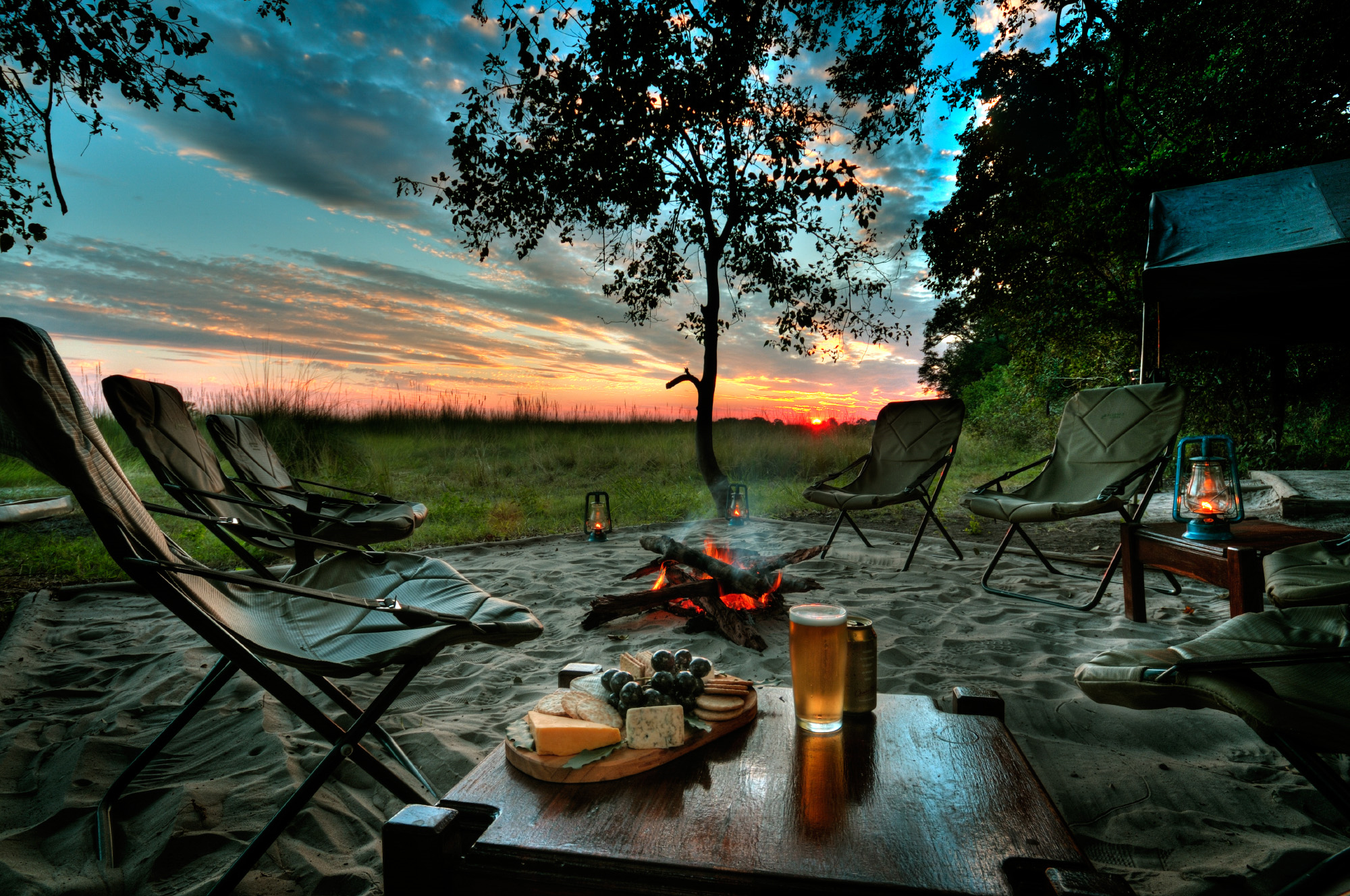 Camping Bonfire Chair Food Lantern Sunset Beer Tree 2000x1328