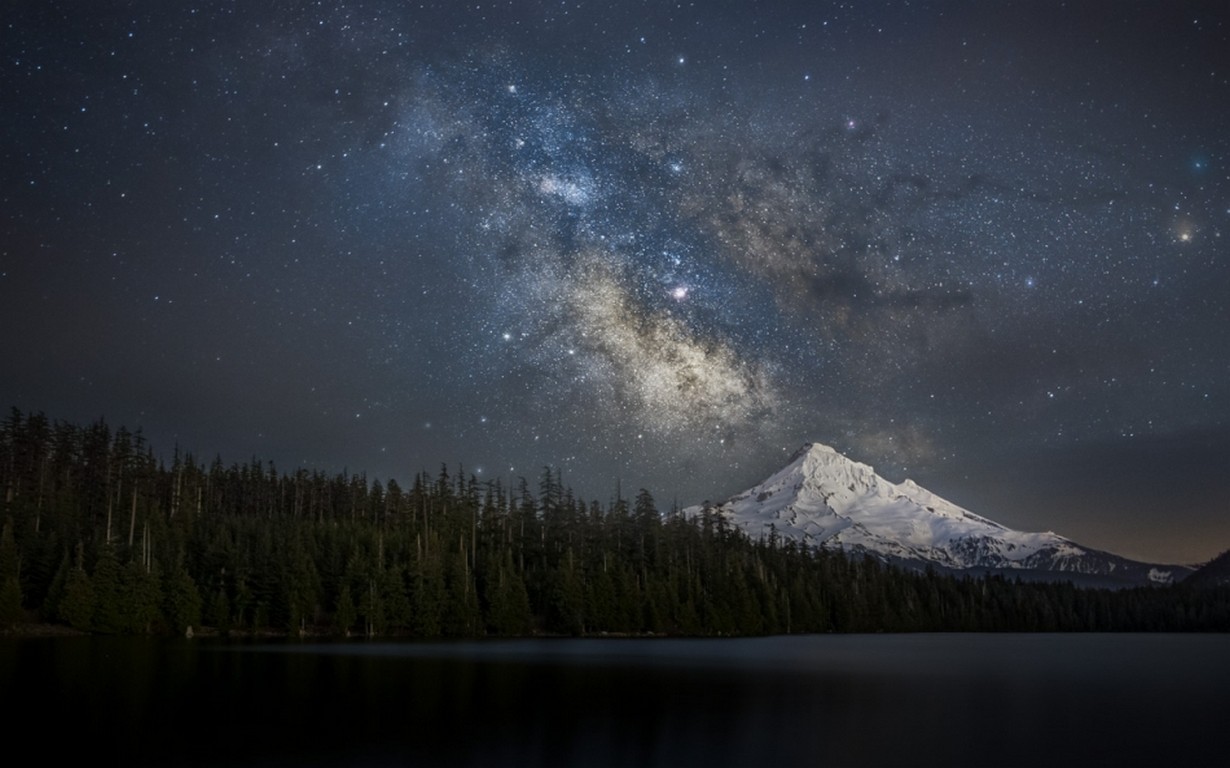 Nature Landscape Snowy Peak Forest Lake Starry Night Milky Way Mountains Galaxy Long Exposure Mount  1230x768