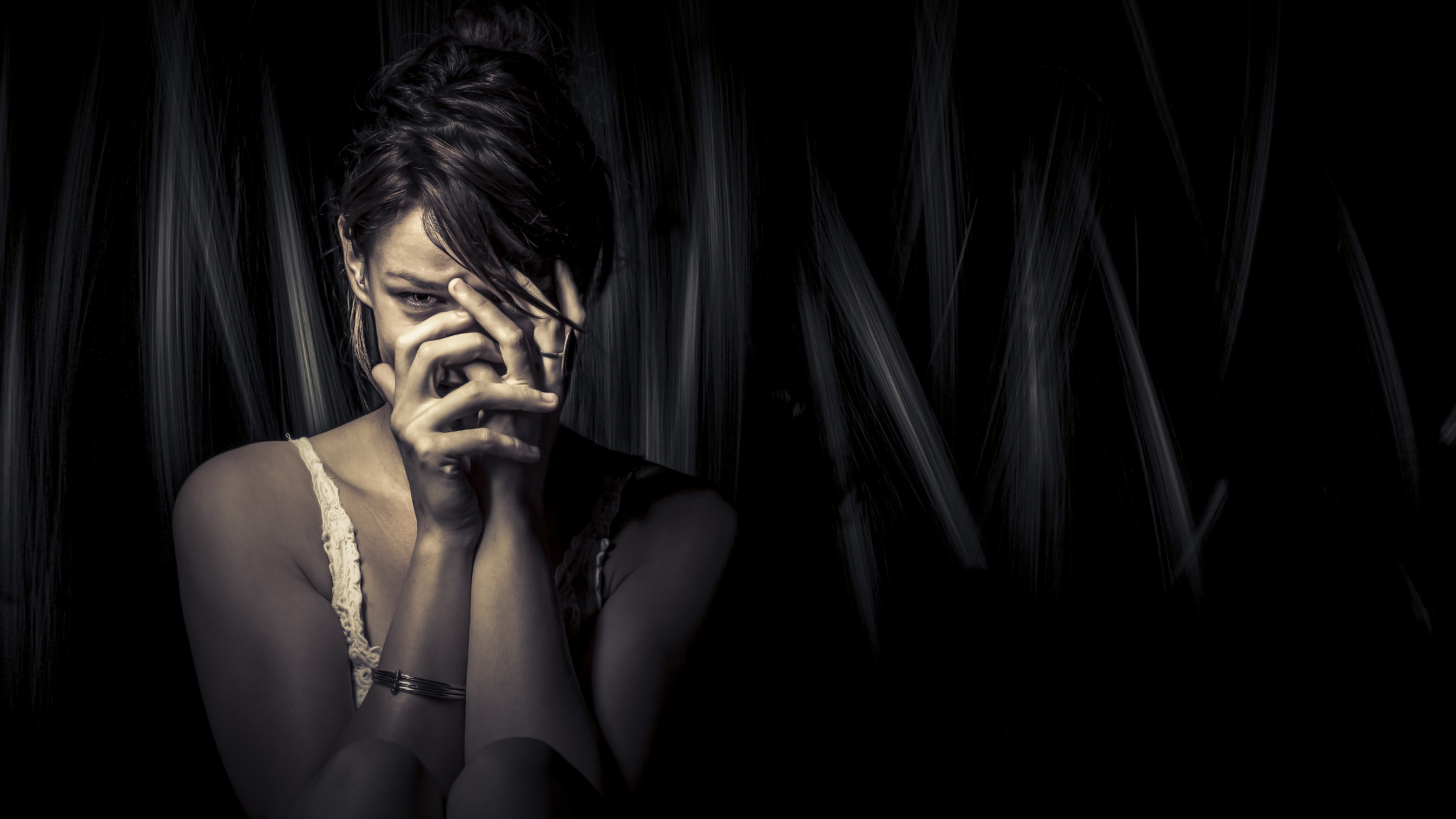 Women Model Sepia Brunette Covered Face Sadness 4803x2702