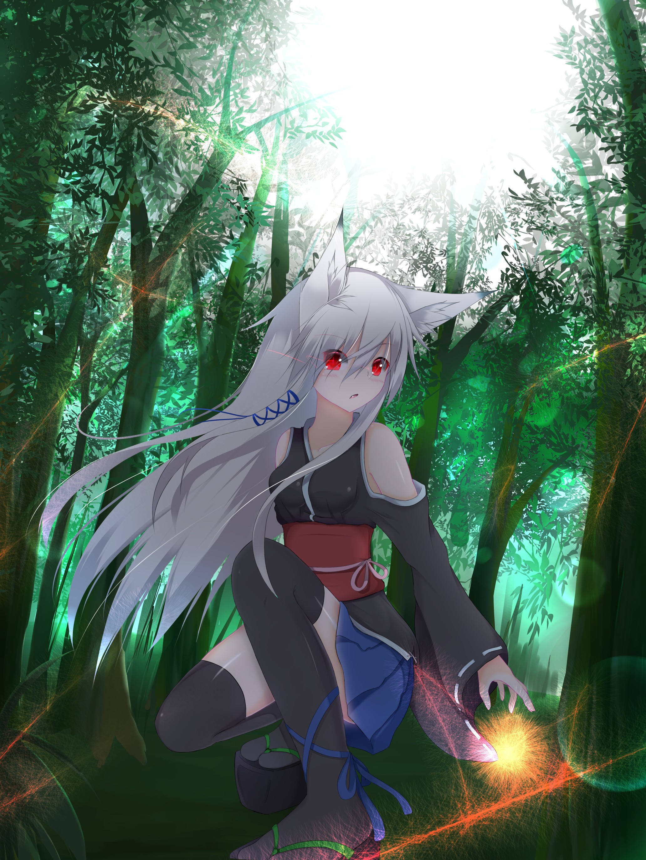 Anime Anime Girls Animal Ears Long Hair Tail White Hair Red Eyes Forest Trees Skirt Kitsunemimi 2064x2748