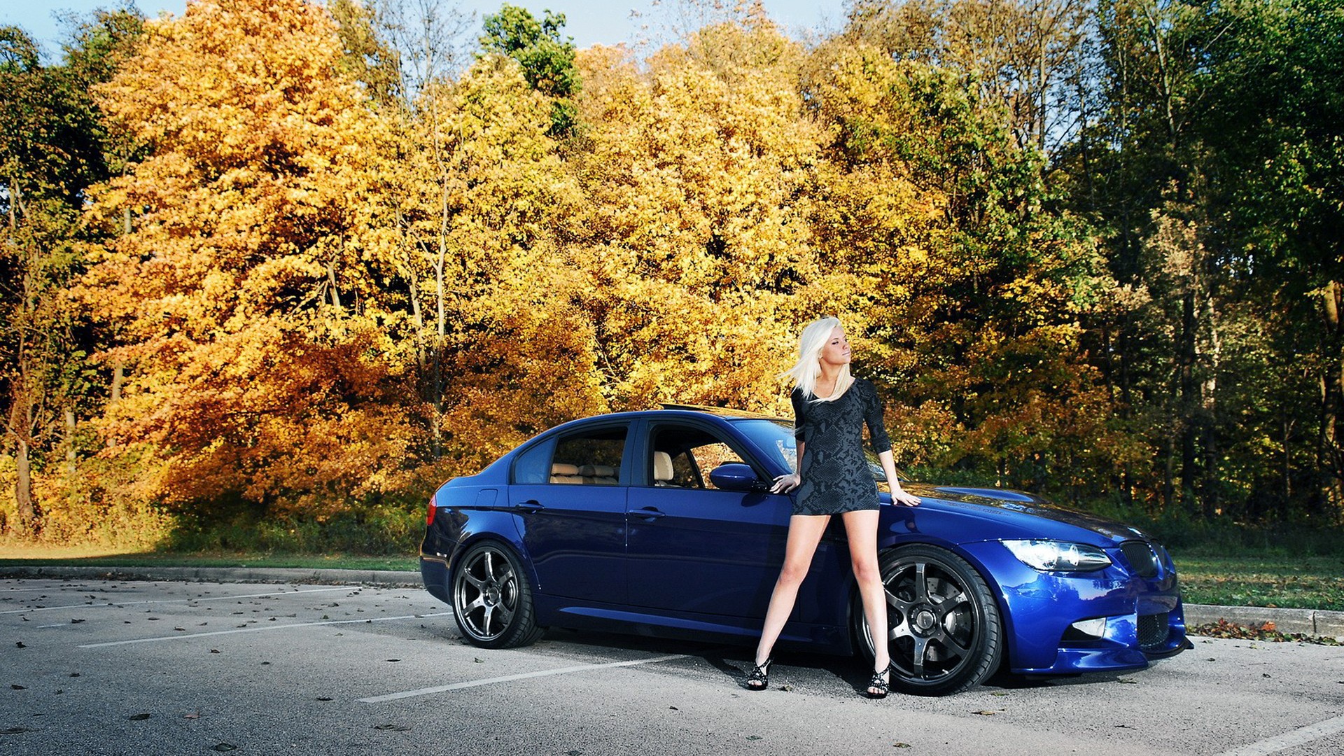 Women Blonde Black Dress High Heels BMW 3 Series BMW E90 Modified Car 1920x1080