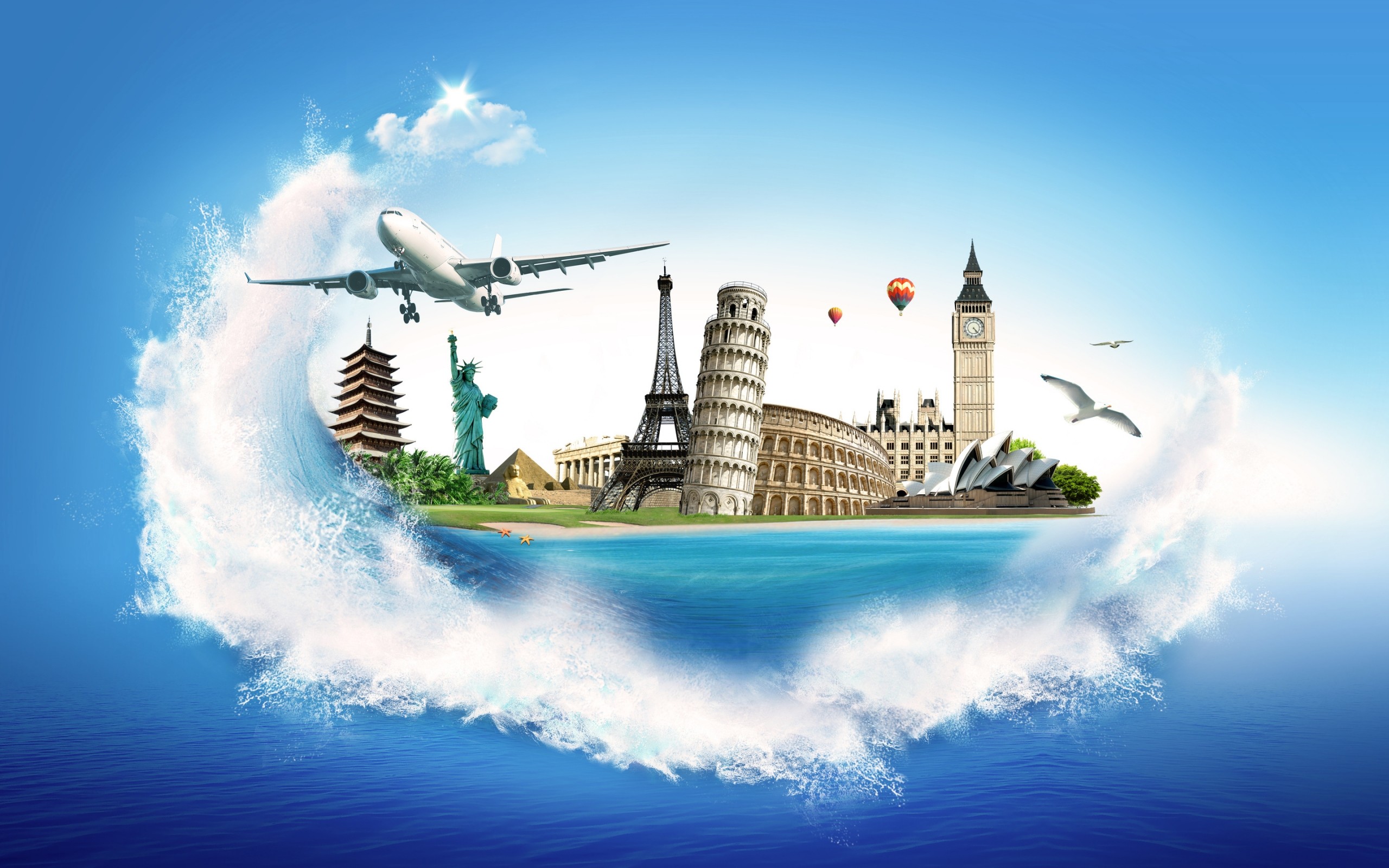 Artwork Airplane Statue Of Liberty Water Digital Art Aircraft Cityscape Waves Eiffel Tower Sydney Op 2560x1600