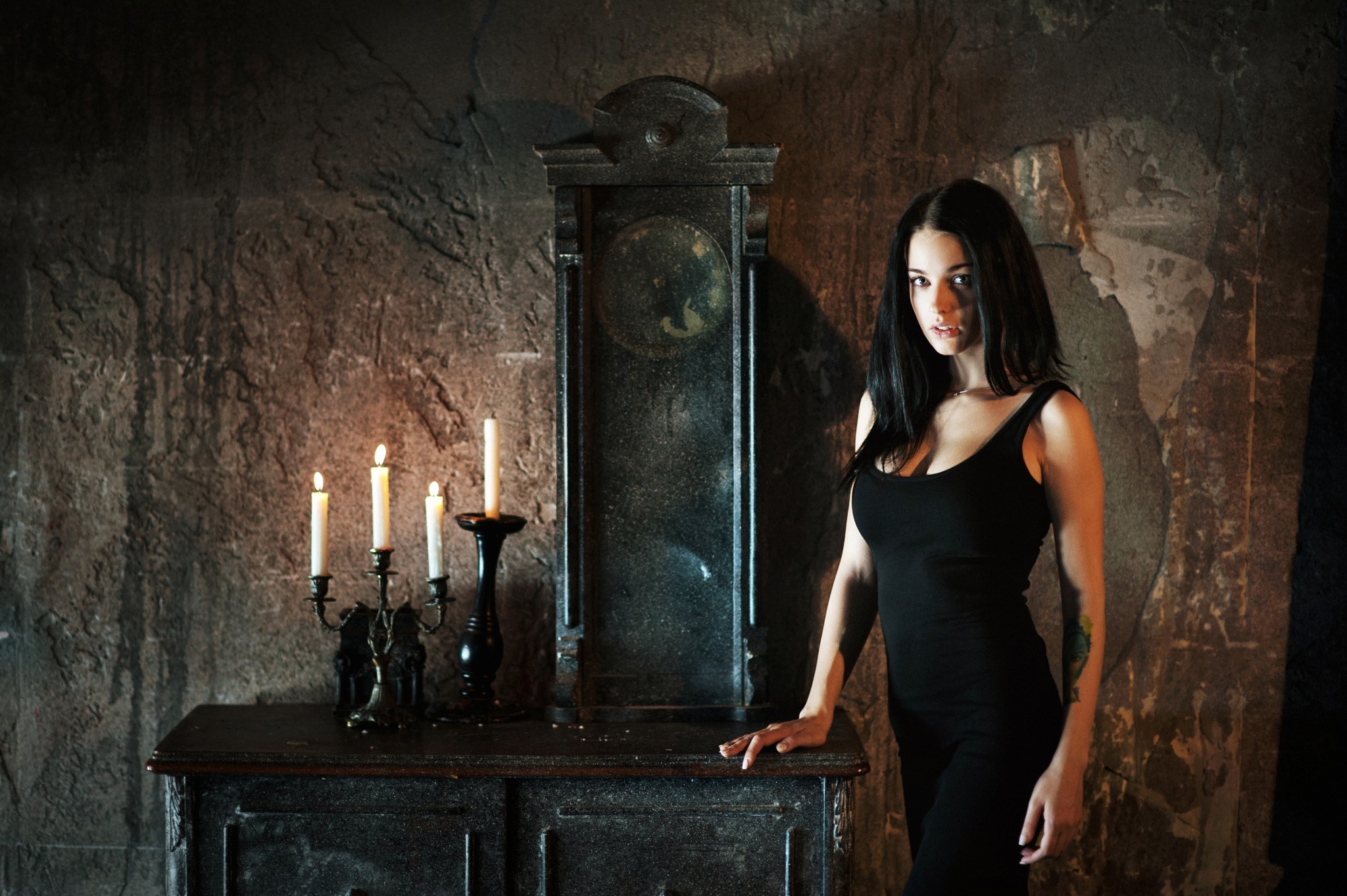 Alla Berger Women Model Black Dress Portrait Maxim Maximov Tattoo Gothic Brunette Candles Black Hair 2048x1363