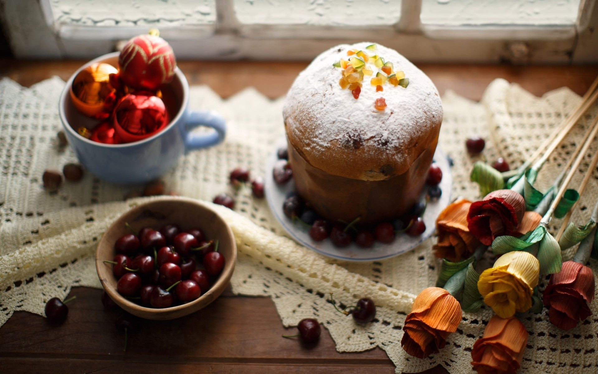 Christmas Flowers Food Cake Cherries Dessert Christmas Ornaments Tablecloths Depth Of Field 1920x1200