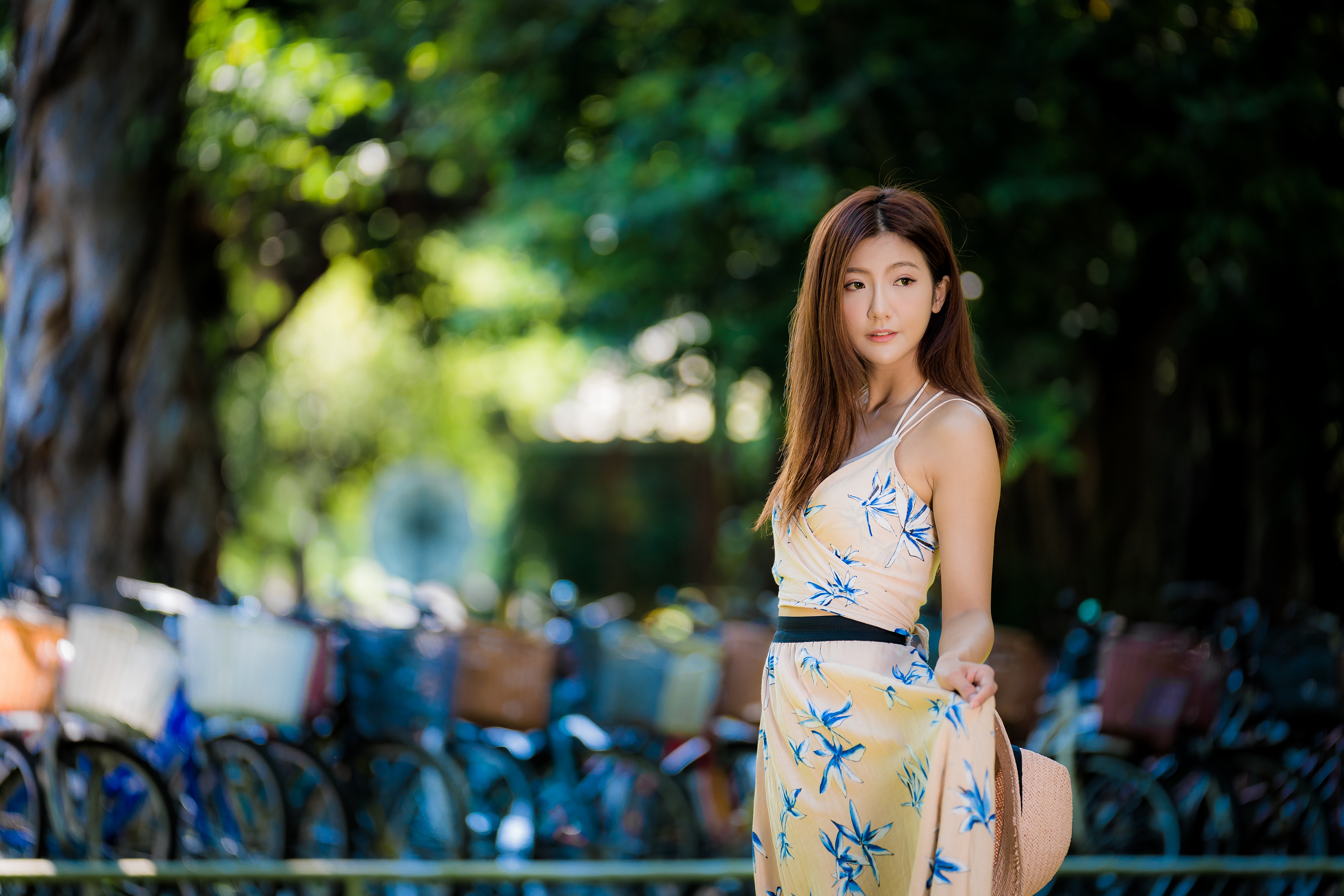 Asian Women Model Flower Dress Brunette Long Hair Bycicle Depth Of Field Trees Straw Hat 4562x3043