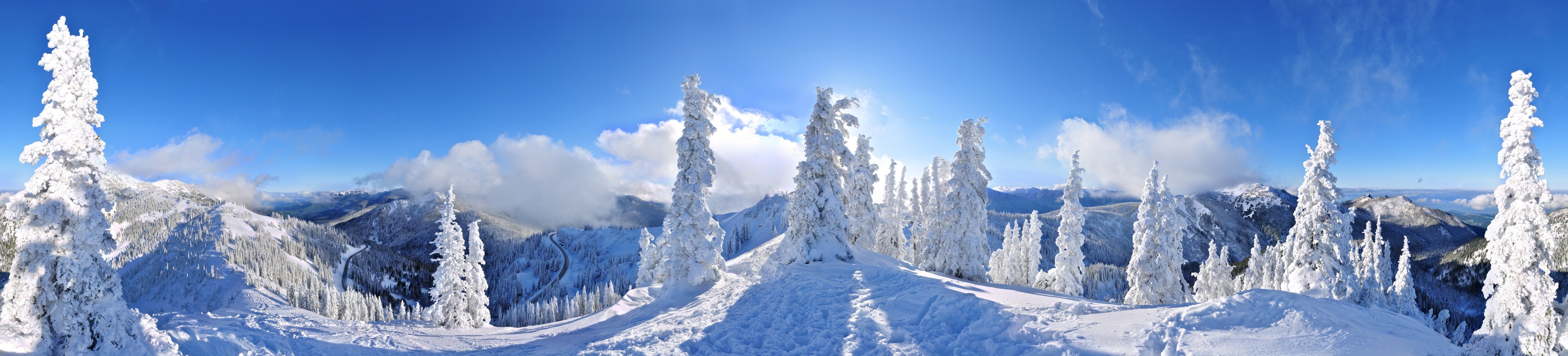 Panoramas Winter Forest Snow Mountains Trees Road Clouds Nature Landscape White 4759x1080