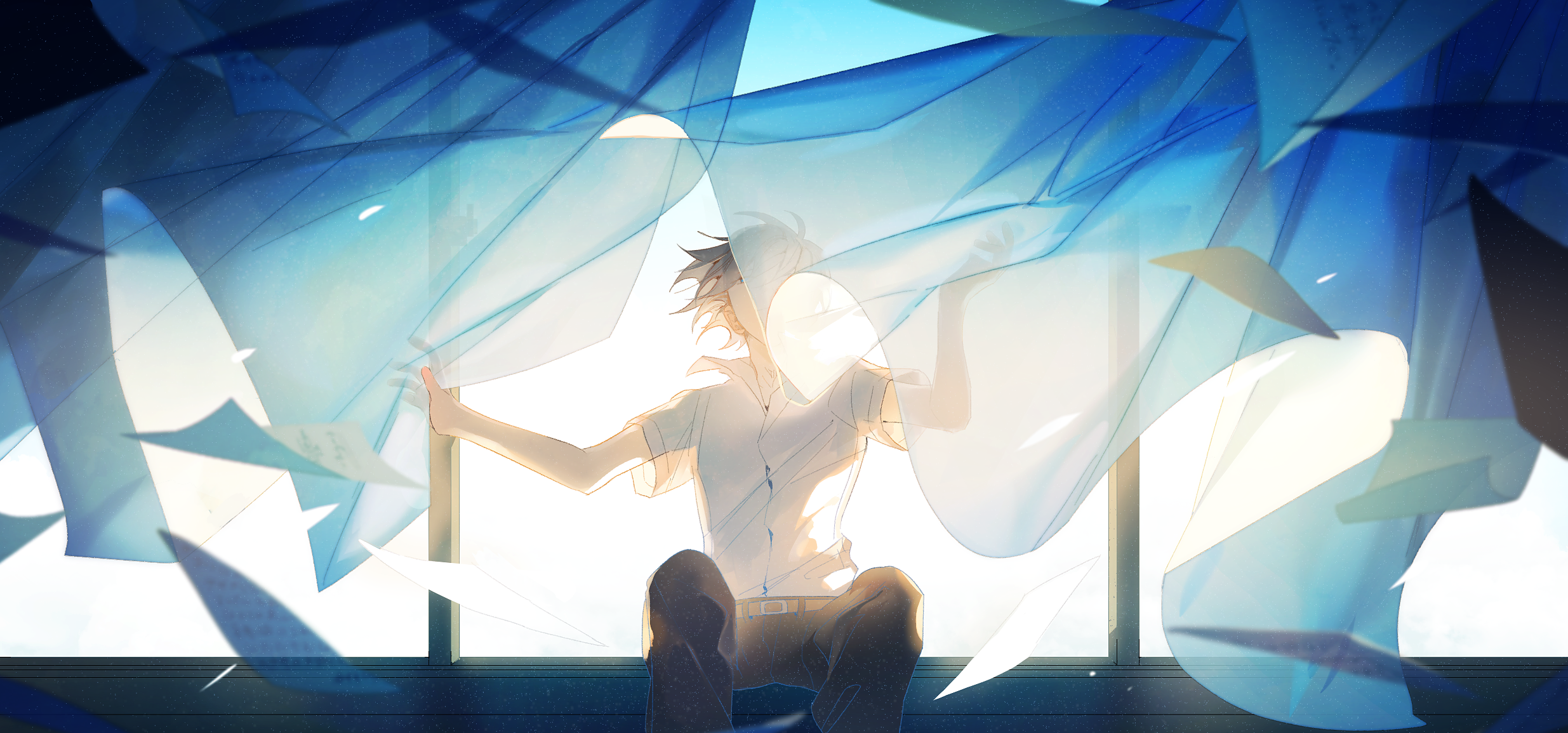Curtains Paper Wind Alone Arms Up Anime Male Uniform Bright 2470x1155