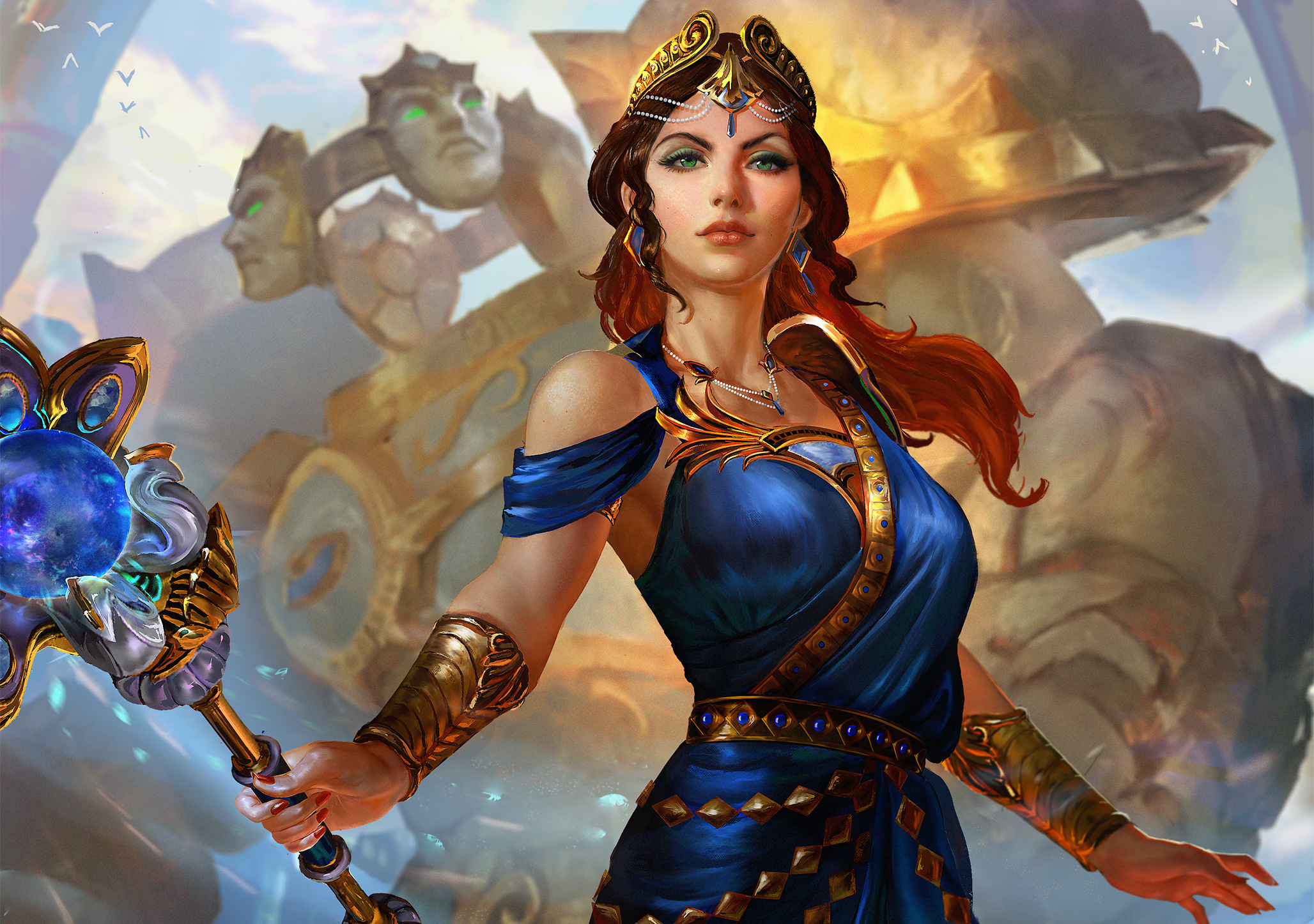 Digital Art Women Magician Warrior Fantasy Girl Wands Green Eyes Smite Video Games Fan Art Mythology 2056x1446