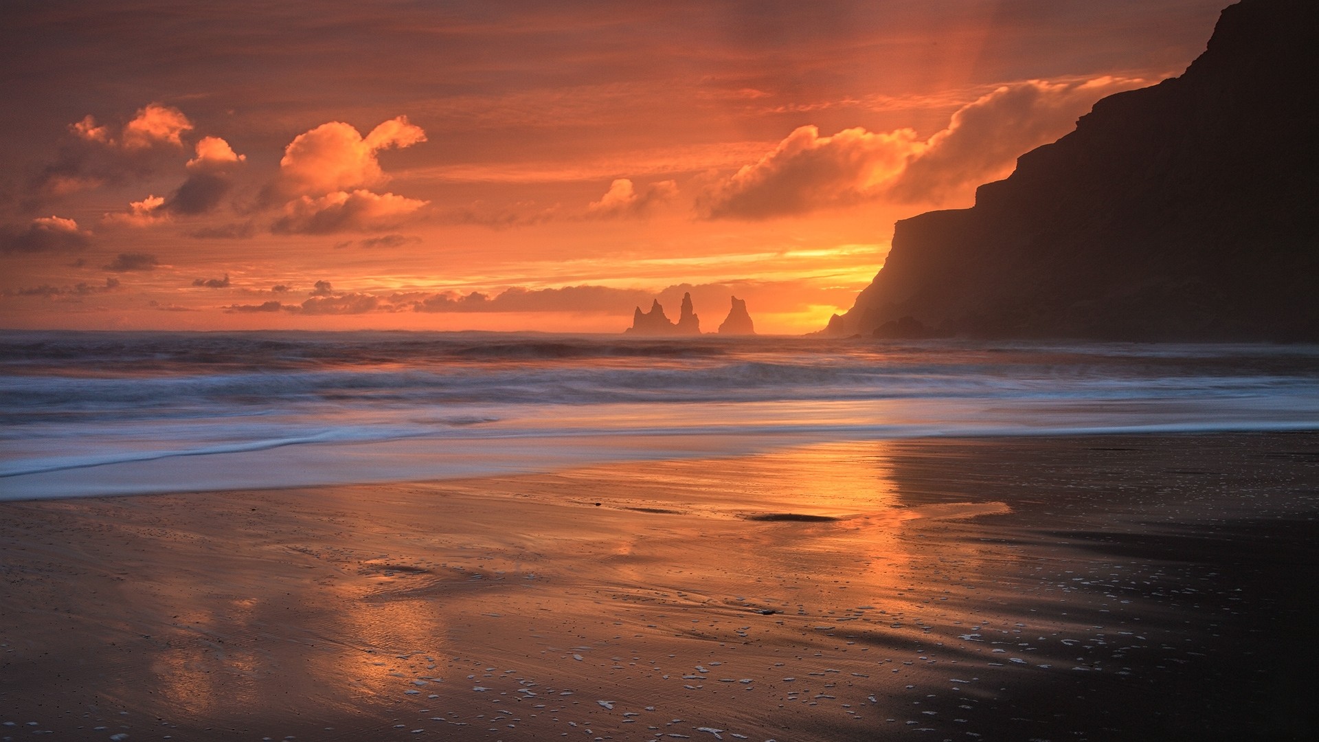 Nature Landscape Sunset Beach Sea Rock Island Clouds Glowing Waves Sun Rays Sand Iceland Vik 1920x1080