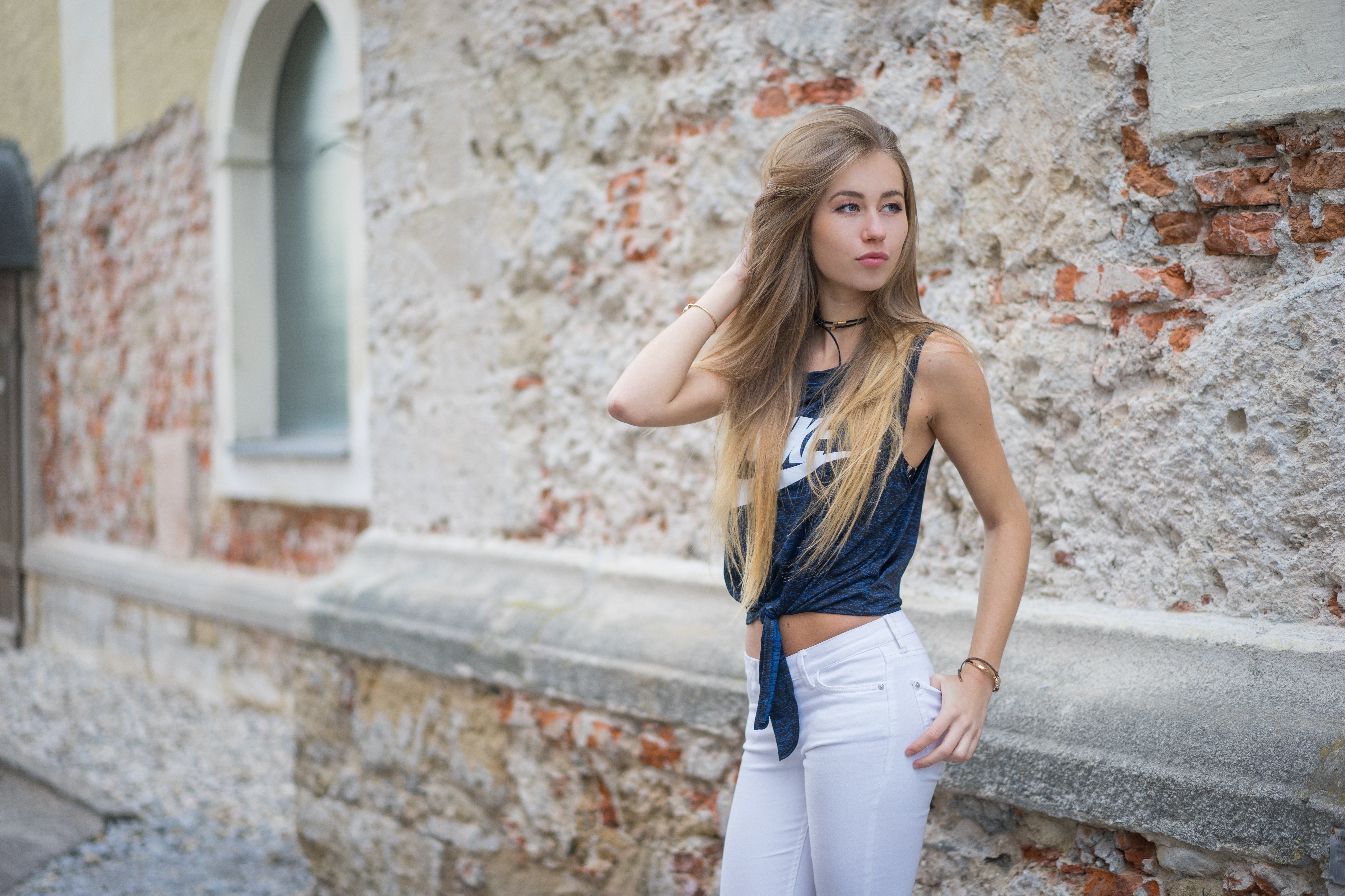 Blonde Blue Eyes Hands In Hair Blue Shirt Jeans White Clothing Nike Looking Into The Distance Women  6000x4000