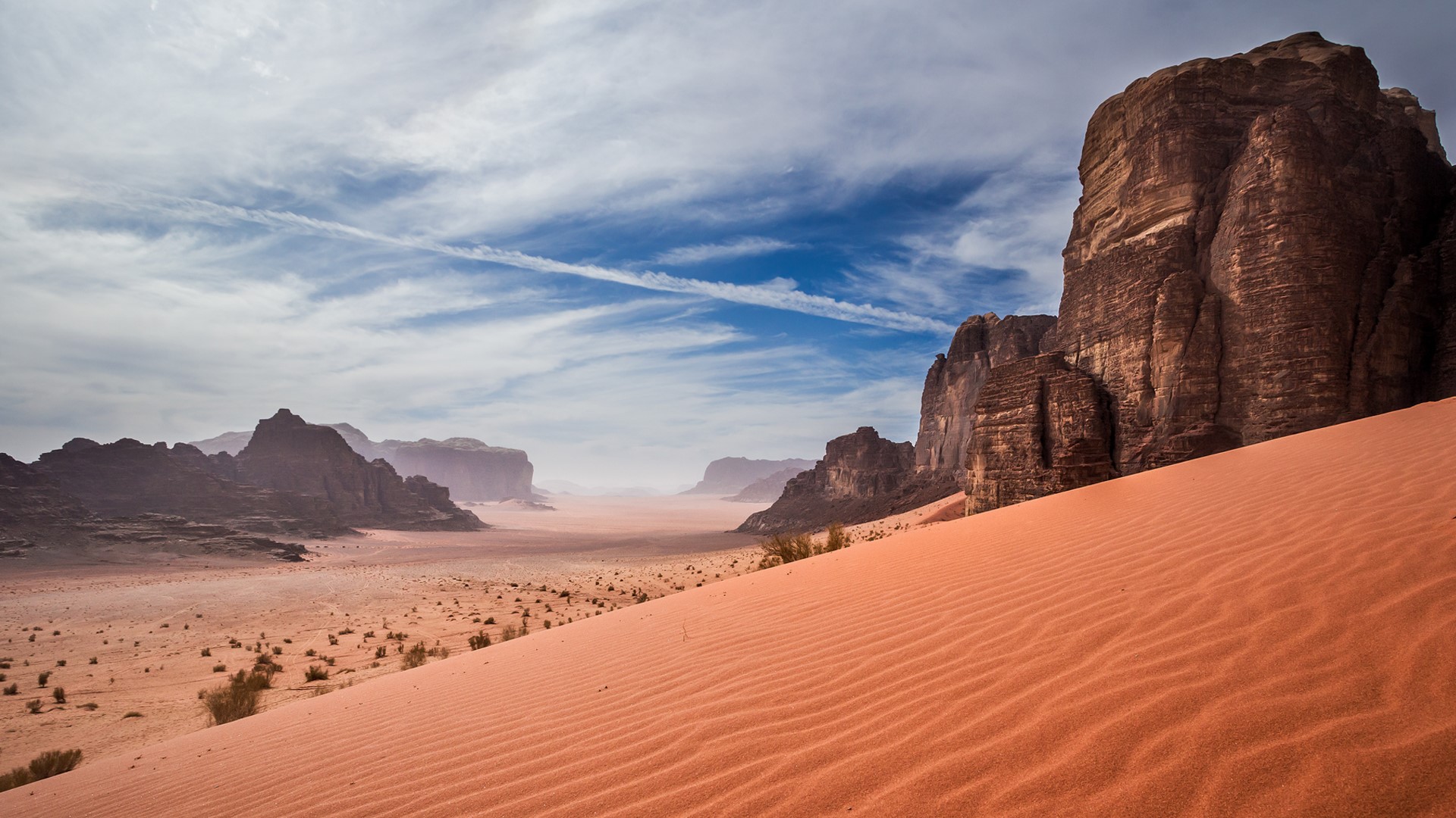 Nature Landscape Sand Desert Dunes Wadi Rum Jordan Country Clouds Plants Rocks Mountains 1920x1080