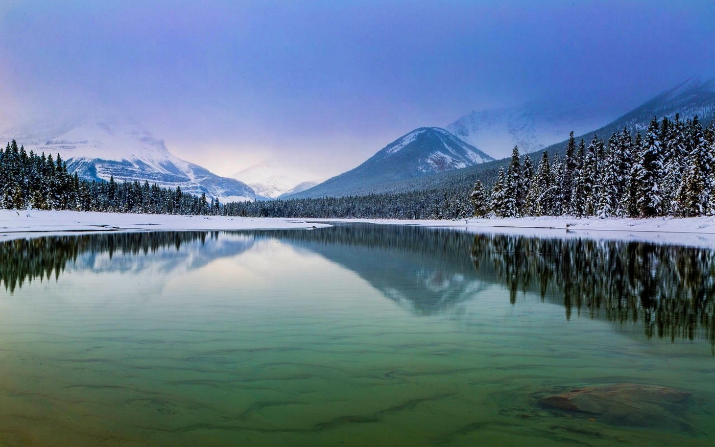 Nature Landscape Lake Forest Mountains Snow Winter Water Jasper National Park Canada 1400x875