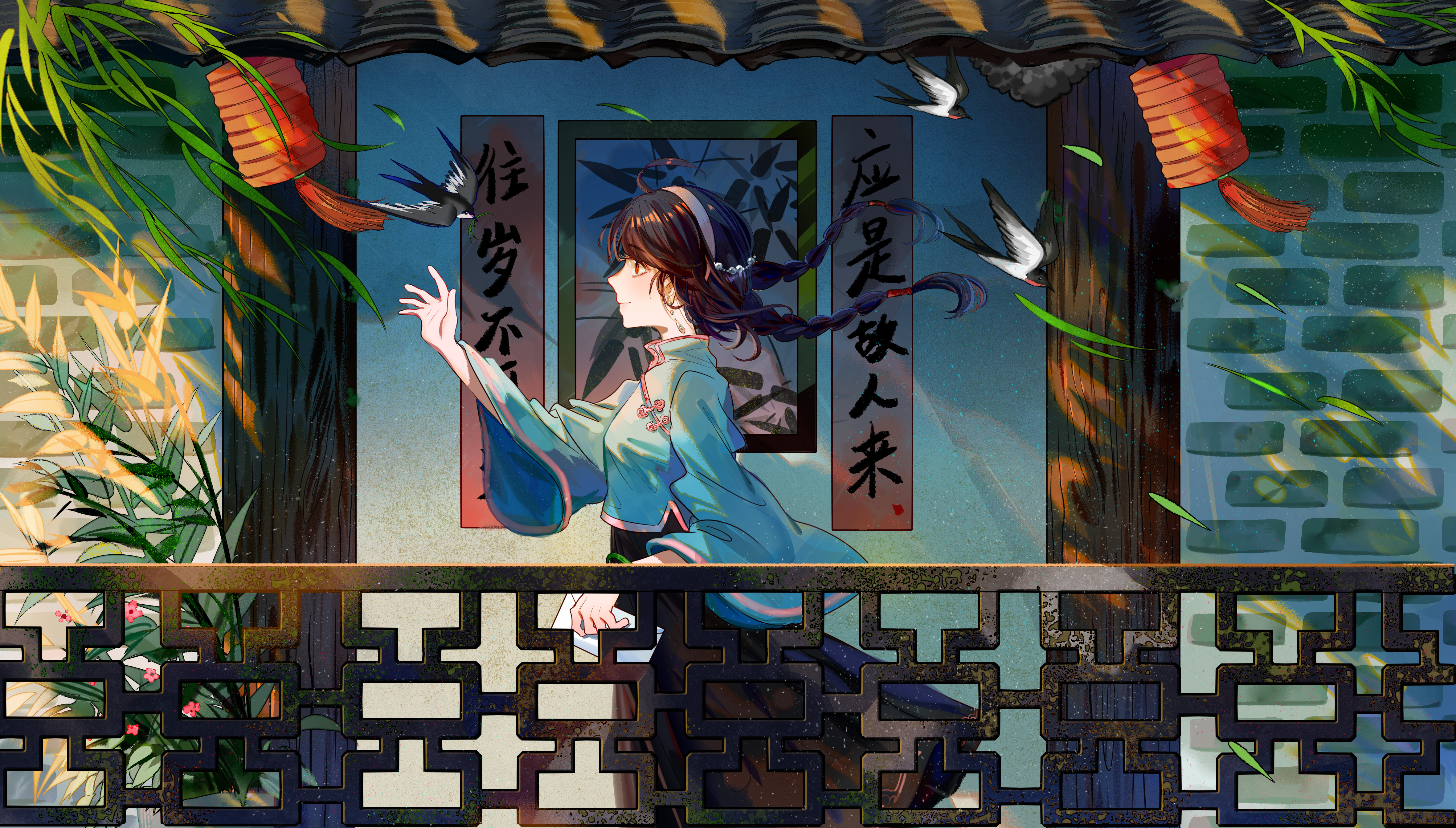 Anime Anime Girls Brunette Brown Eyes Birds Chinese Clothing Vocaloid Yuezheng Ling Vocaloid China 4724x2687