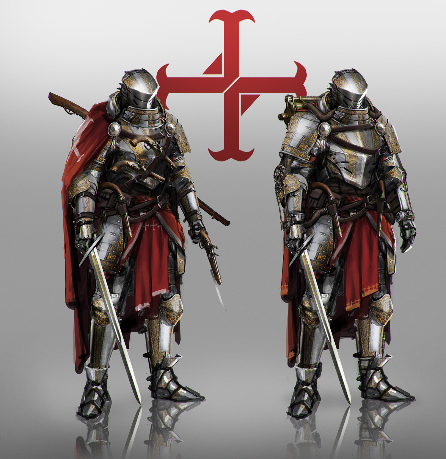 Drawing Men Warrior Knight Templar Helmet Armor Cape Weapon Sword Blades Gun Red Pistol 1500x1541