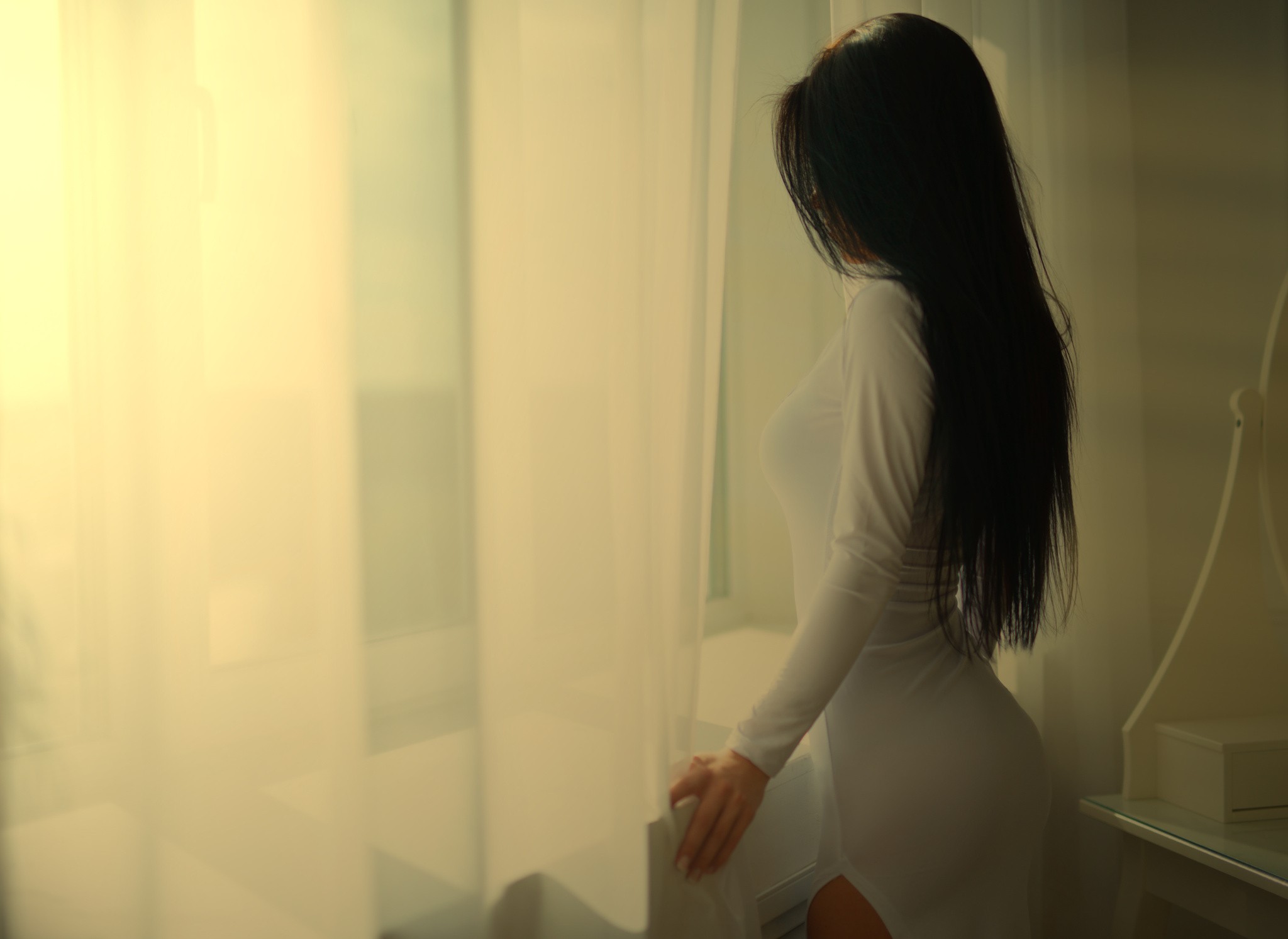 Women White Dress Long Hair Black Hair Window Marina Shimkovich 2048x1493