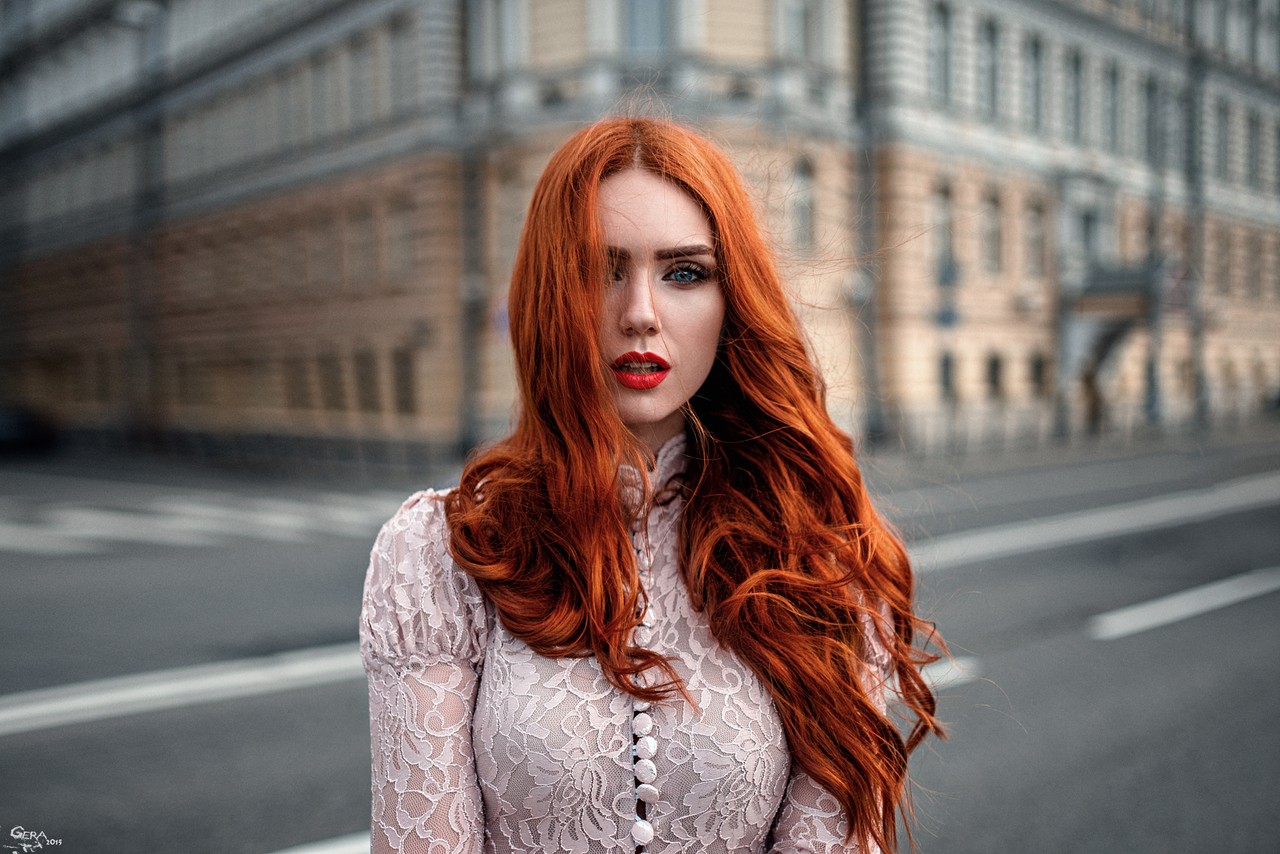 Women Women Outdoors Urban Redhead Long Hair Hair In Face Blue Eyes Retouching White Shirt Red Lipst 1280x854