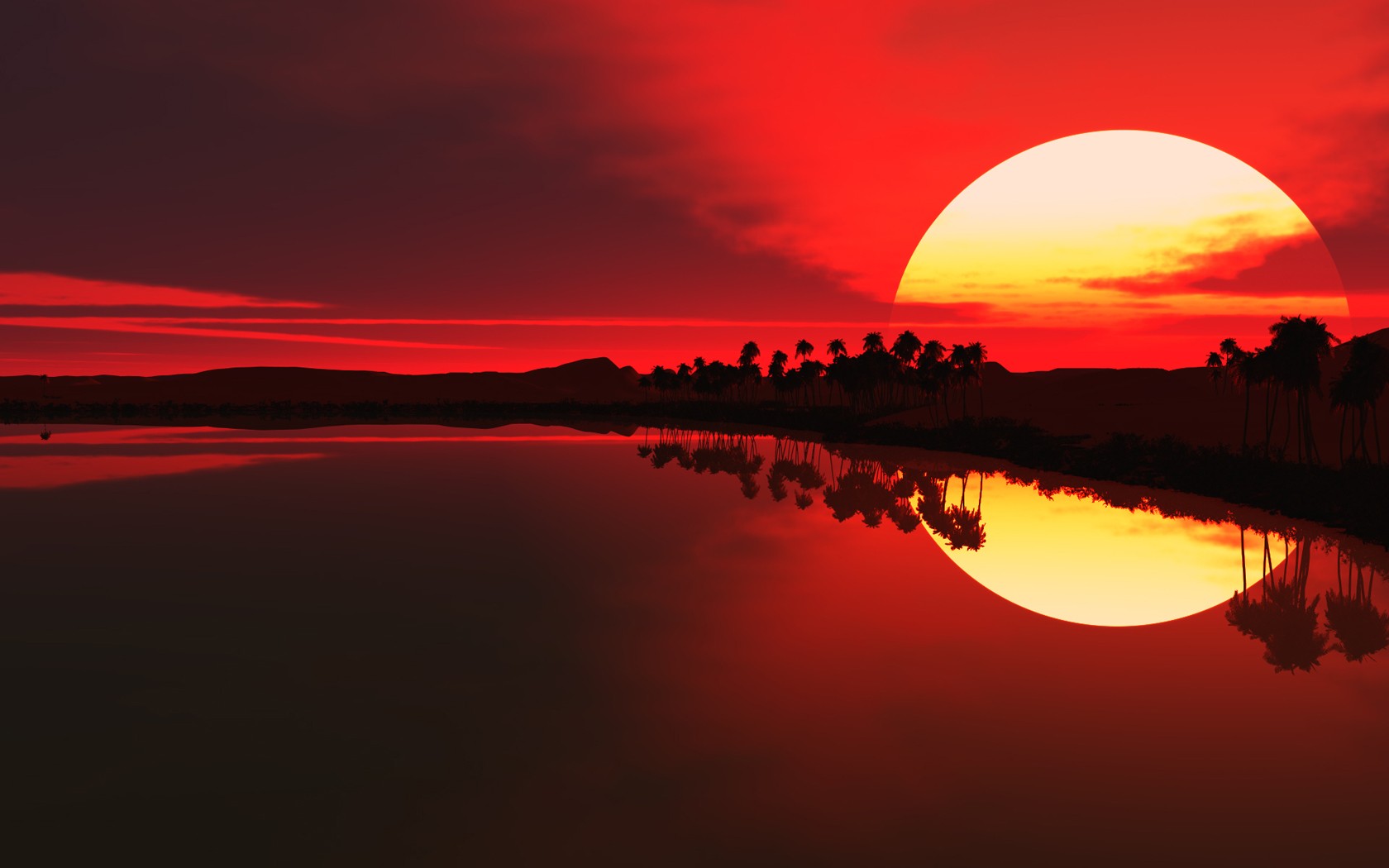 Sunset Red Sun Beach Sky Reflection Red Background Nature 1680x1050