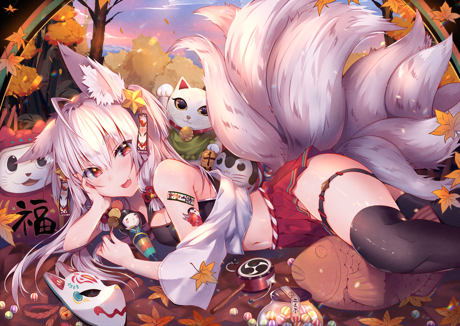 Anime Anime Boys Digital Art Artwork 2D Portrait Anime Girls Red Eyes White Hair Foxgirl Fox Ears An 1500x1061