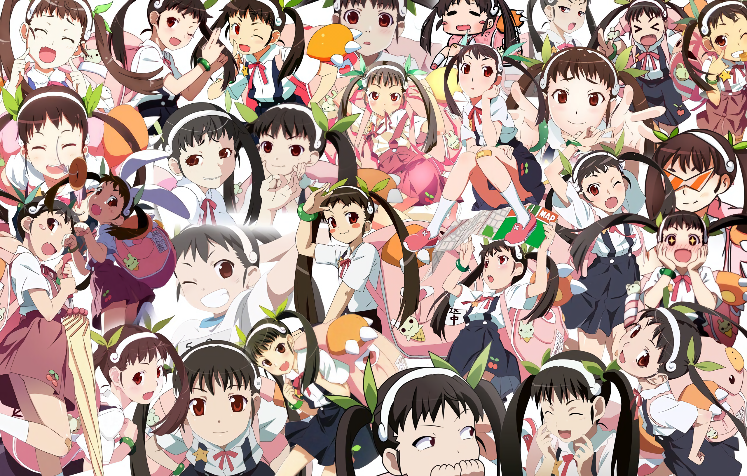 Anime Monogatari Series Anime Girls White Skin Hachikuji Mayoi Twintails Dark Hair School Uniform 2560x1630