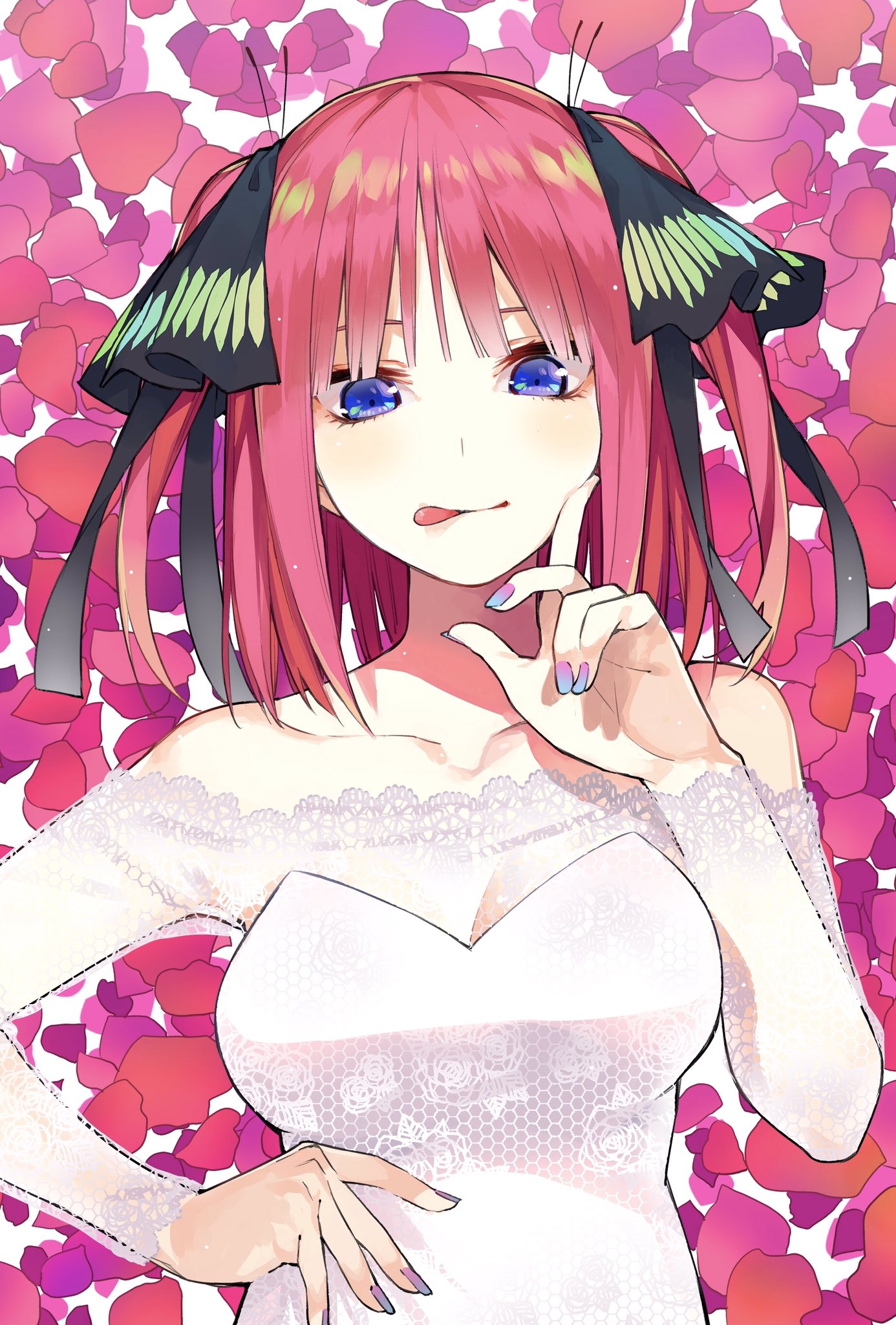 5 Toubun No Hanayome Anime Girls Short Hair Wedding Dress Pink Hair Blue Eyes Flower Petals Tongue O 1386x2048