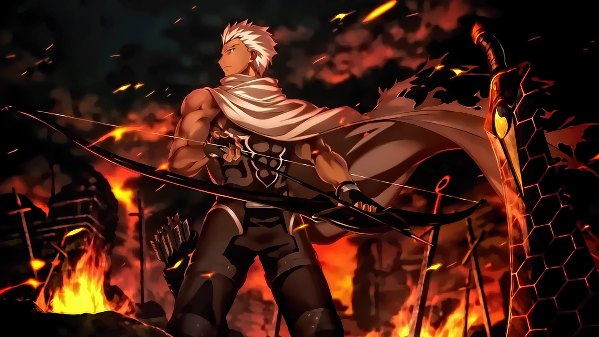 Fate Stay Night Unlimited Blade Works Archer Fate Series Sword Archer Fate Stay Night Fire Cloaks Wh 1920x1080