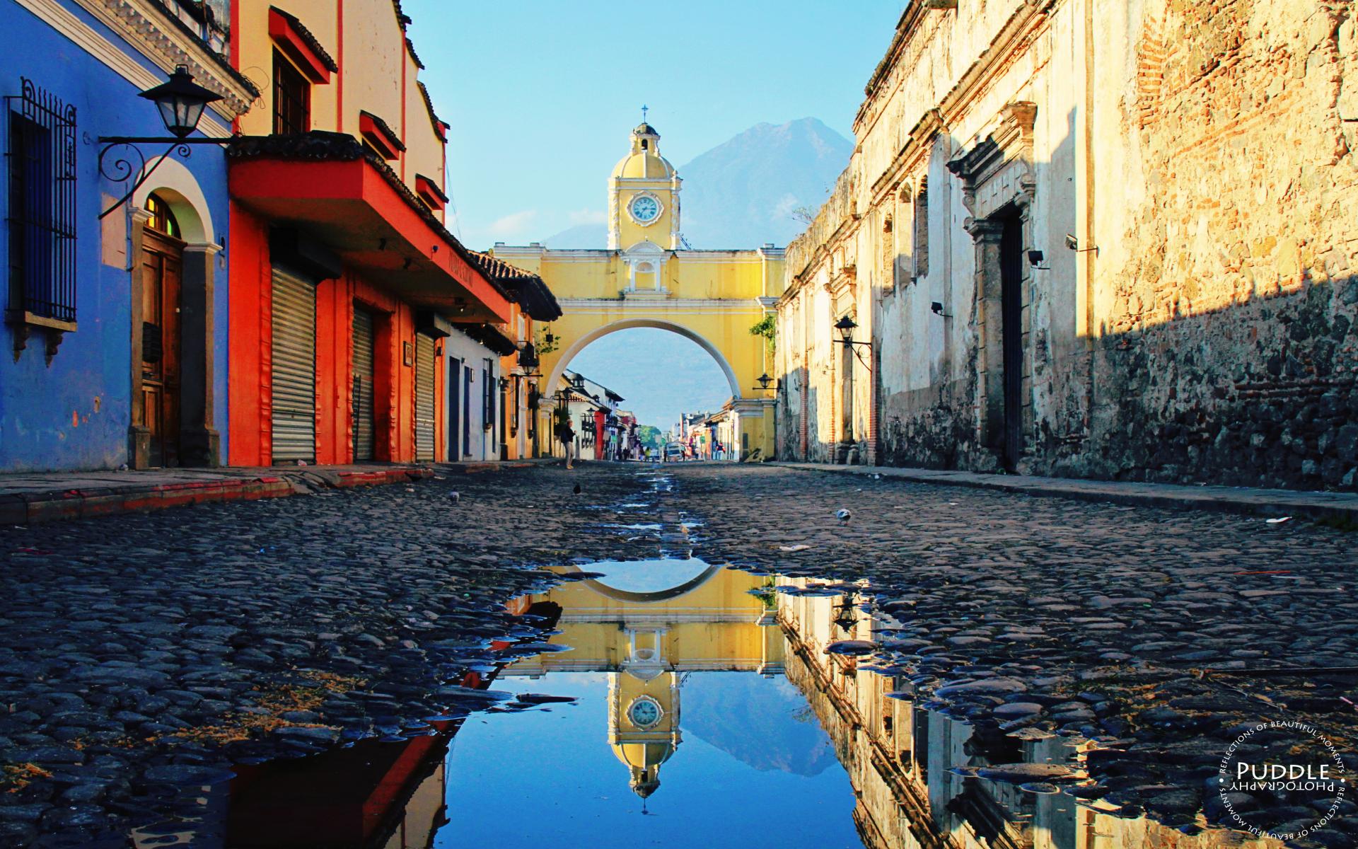 Guatemala Town Street Water Cobblestone Clocktowers Old Building House Arch Mountains Reflection Peo 1920x1200