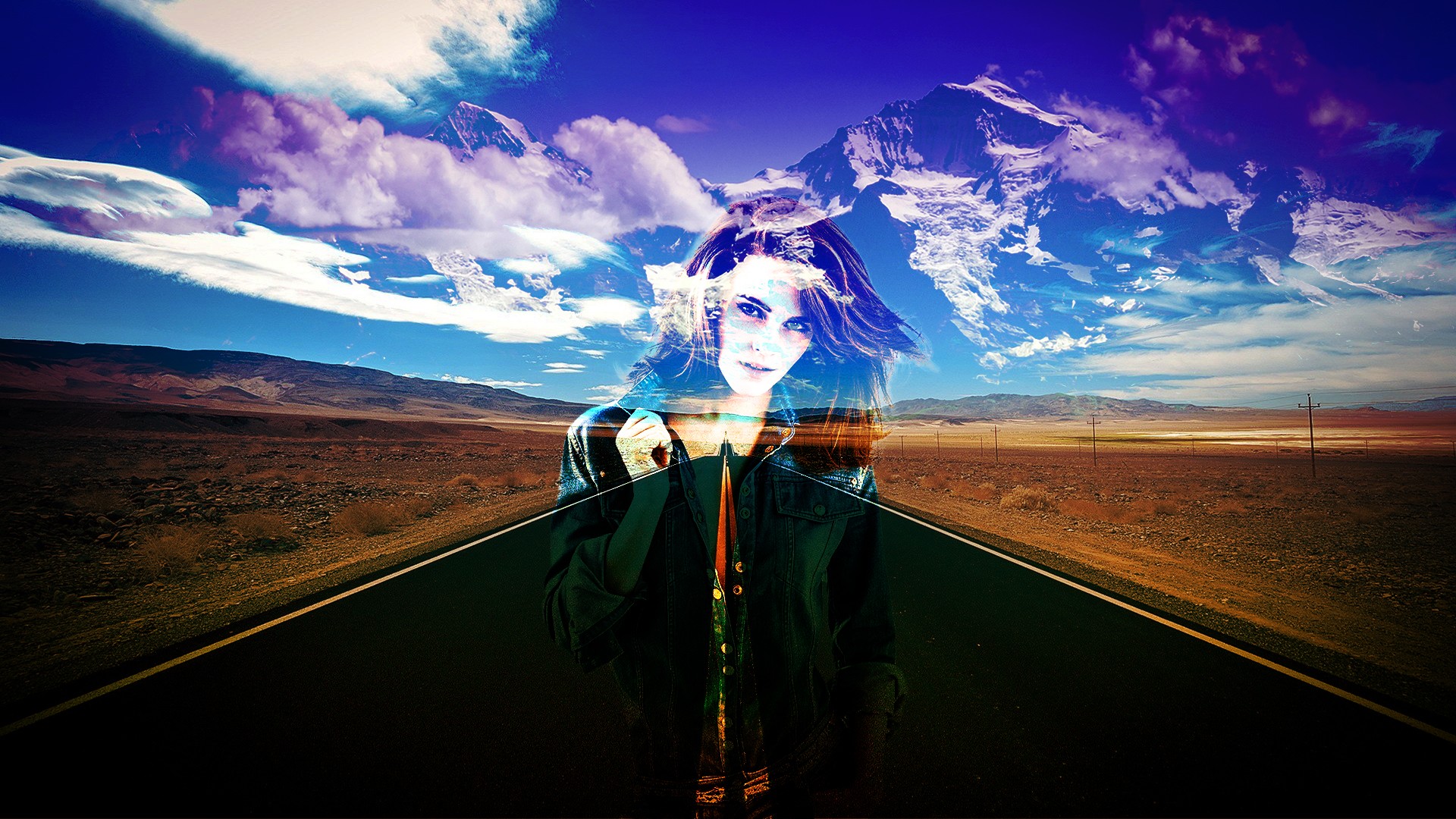 Women Photoshop Abstract Translucent Mountains Road 1920x1080