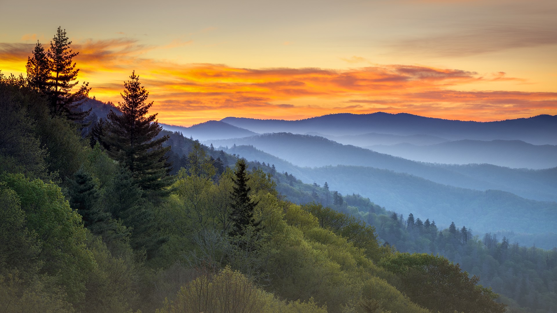 Nature Landscape Mountains Clouds Sky Trees Forest Mist Sunset Smoky Mountains Tennessee USA Far Vie 1920x1080